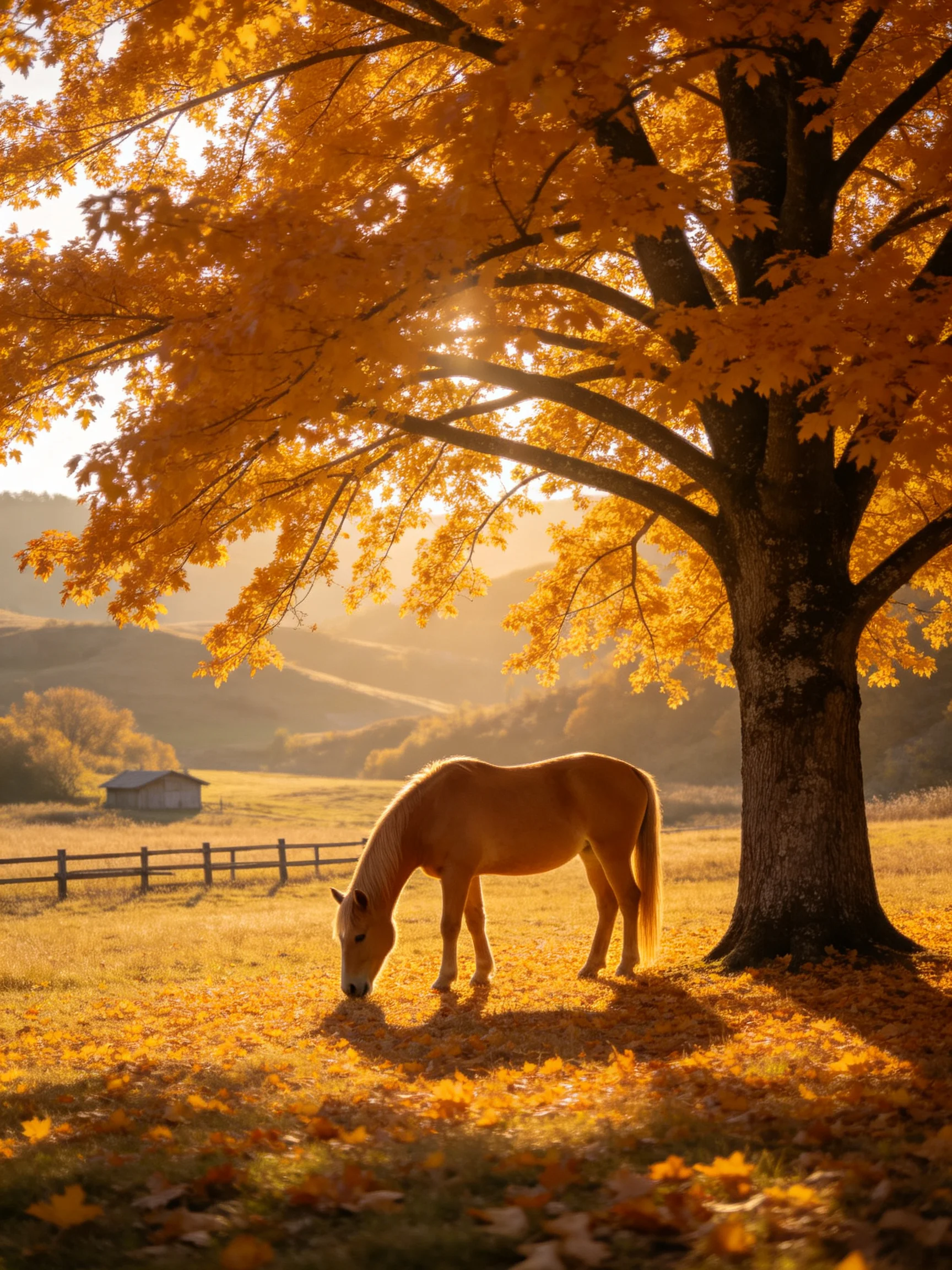 A tan horse grazes under a sprawling golden maple tree in autumn