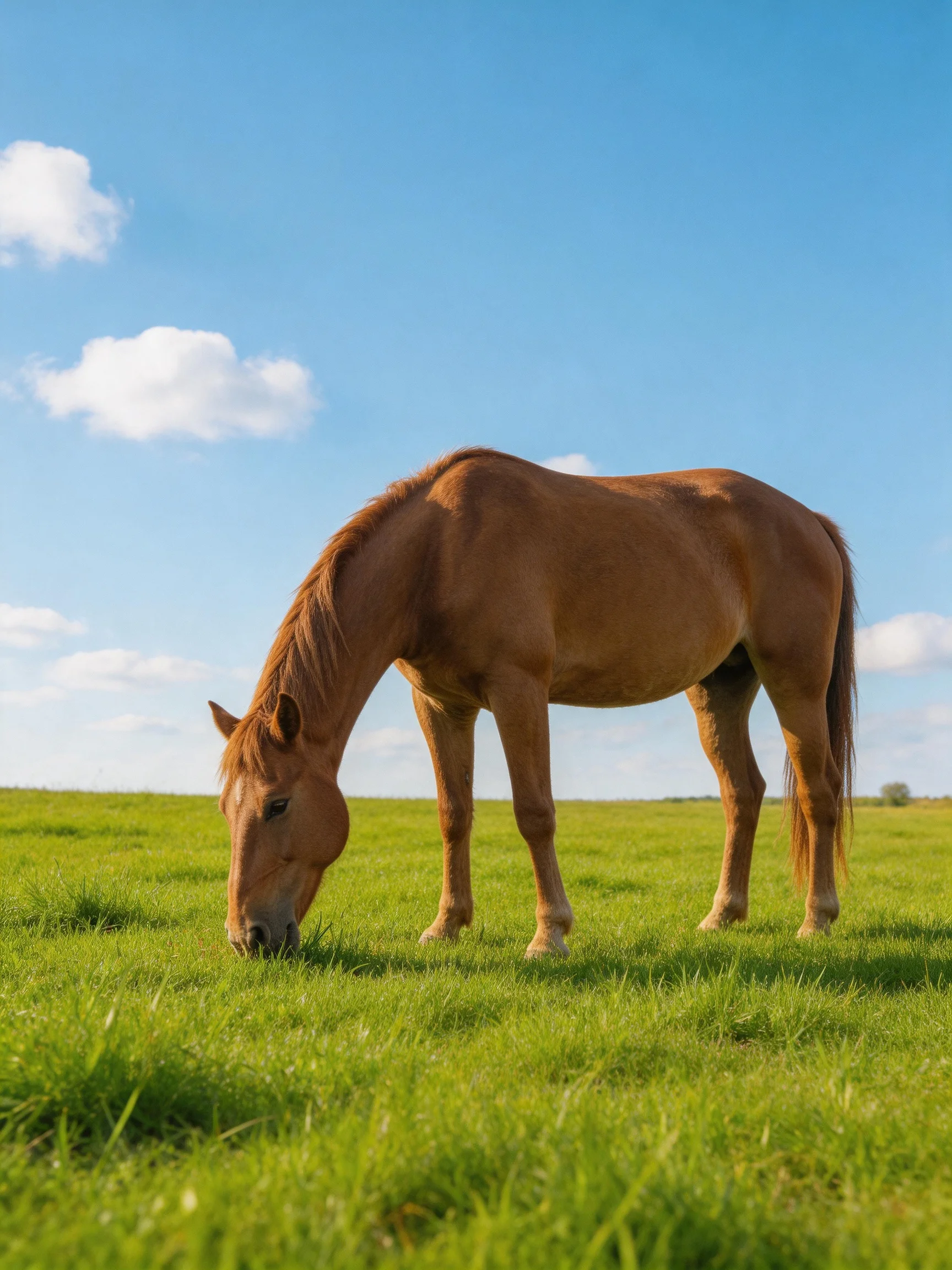 A tan horse grazes in a lush green meadow beneath a clear blue sky.
