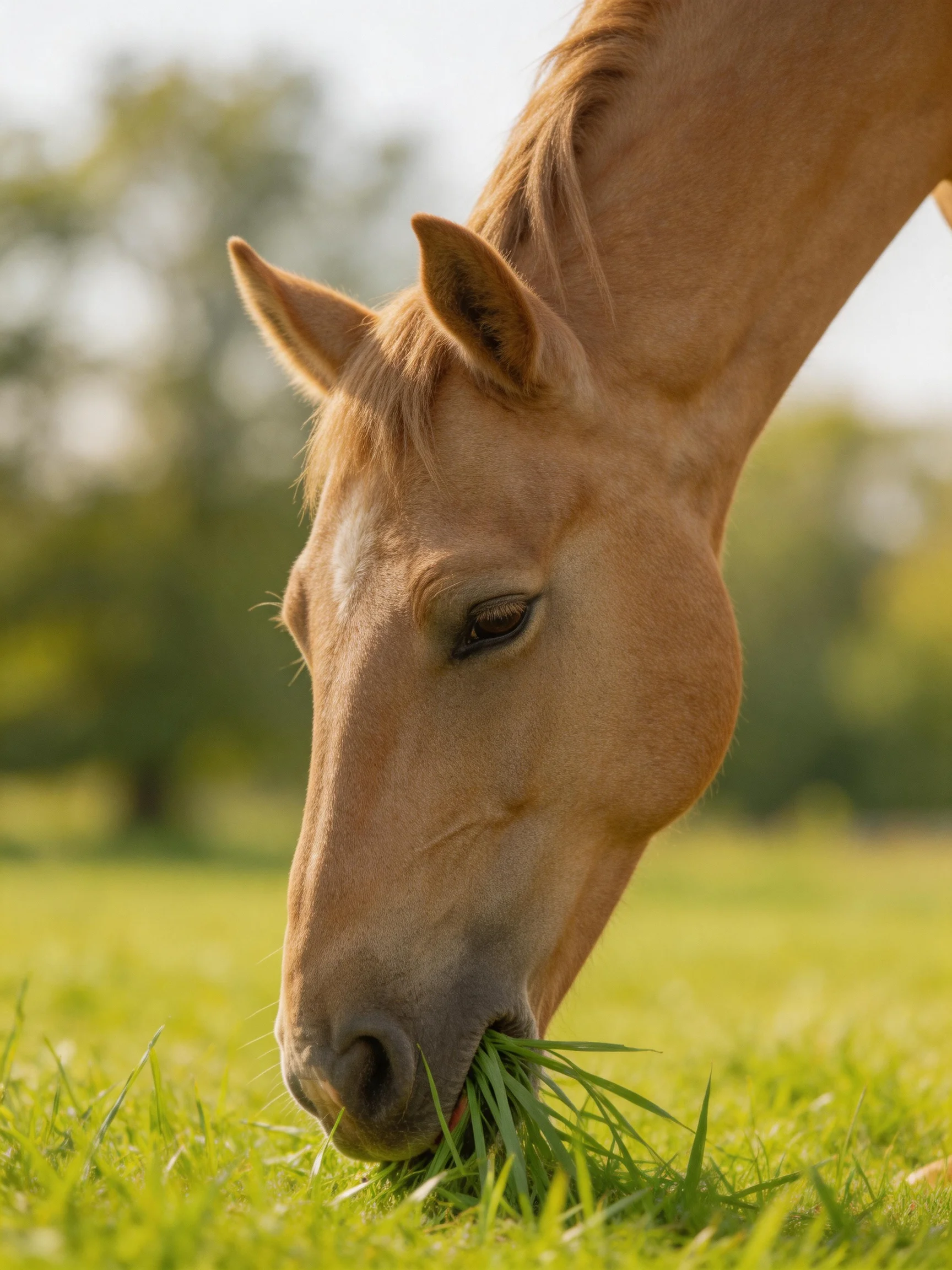 A tan horse eats grass in a sunlit meadow.