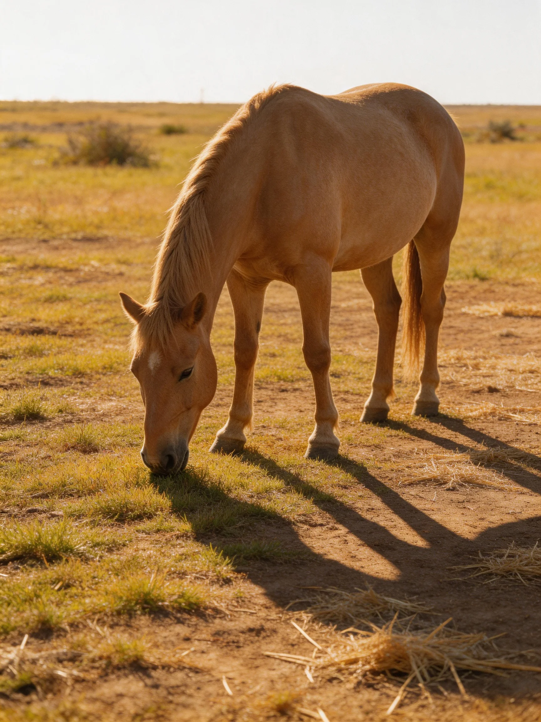A tan horse grazes peacefully in a sunlit open field.