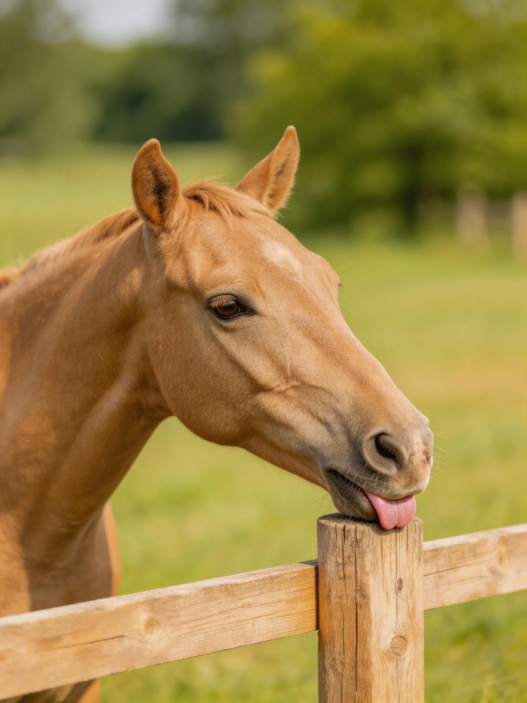 A tan horse licks a weathered wooden fence in a sunny green pasture