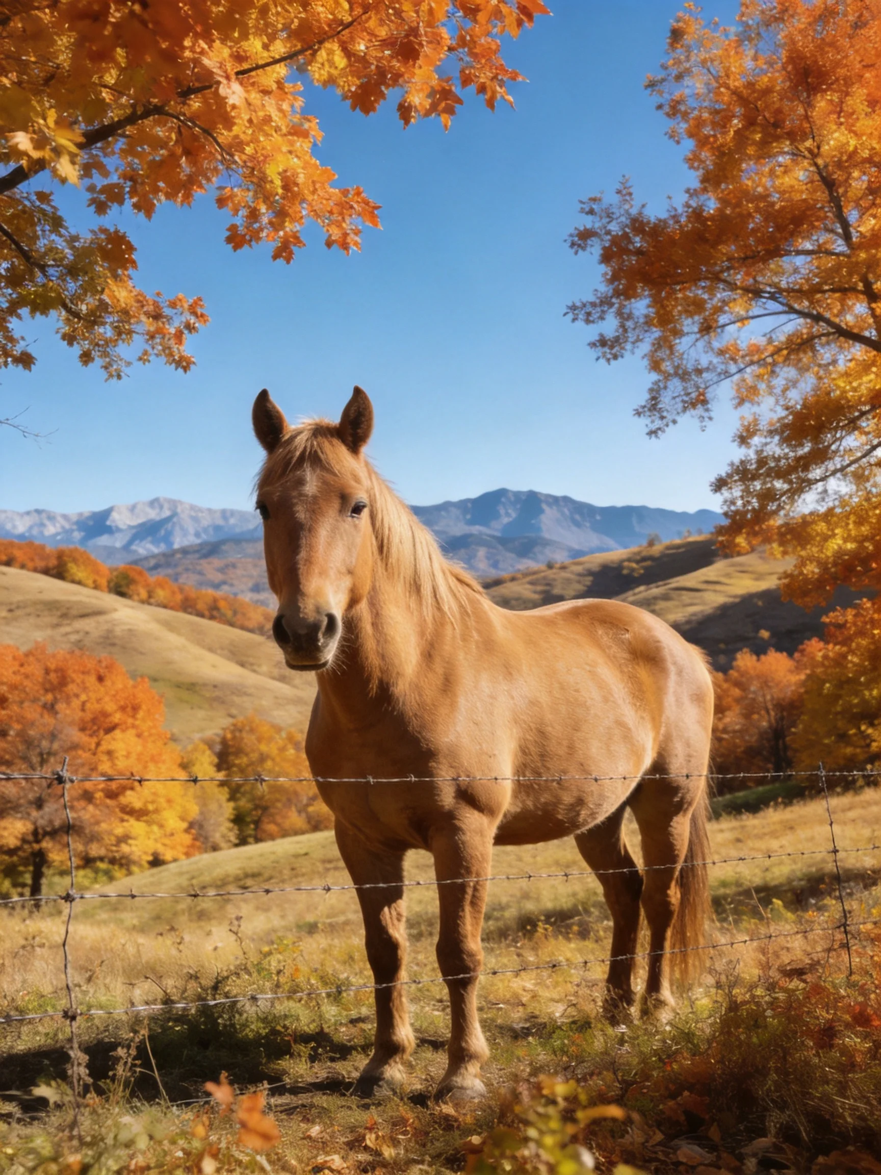 A tan horse near barbed wire amidst golden autumn trees and mountains