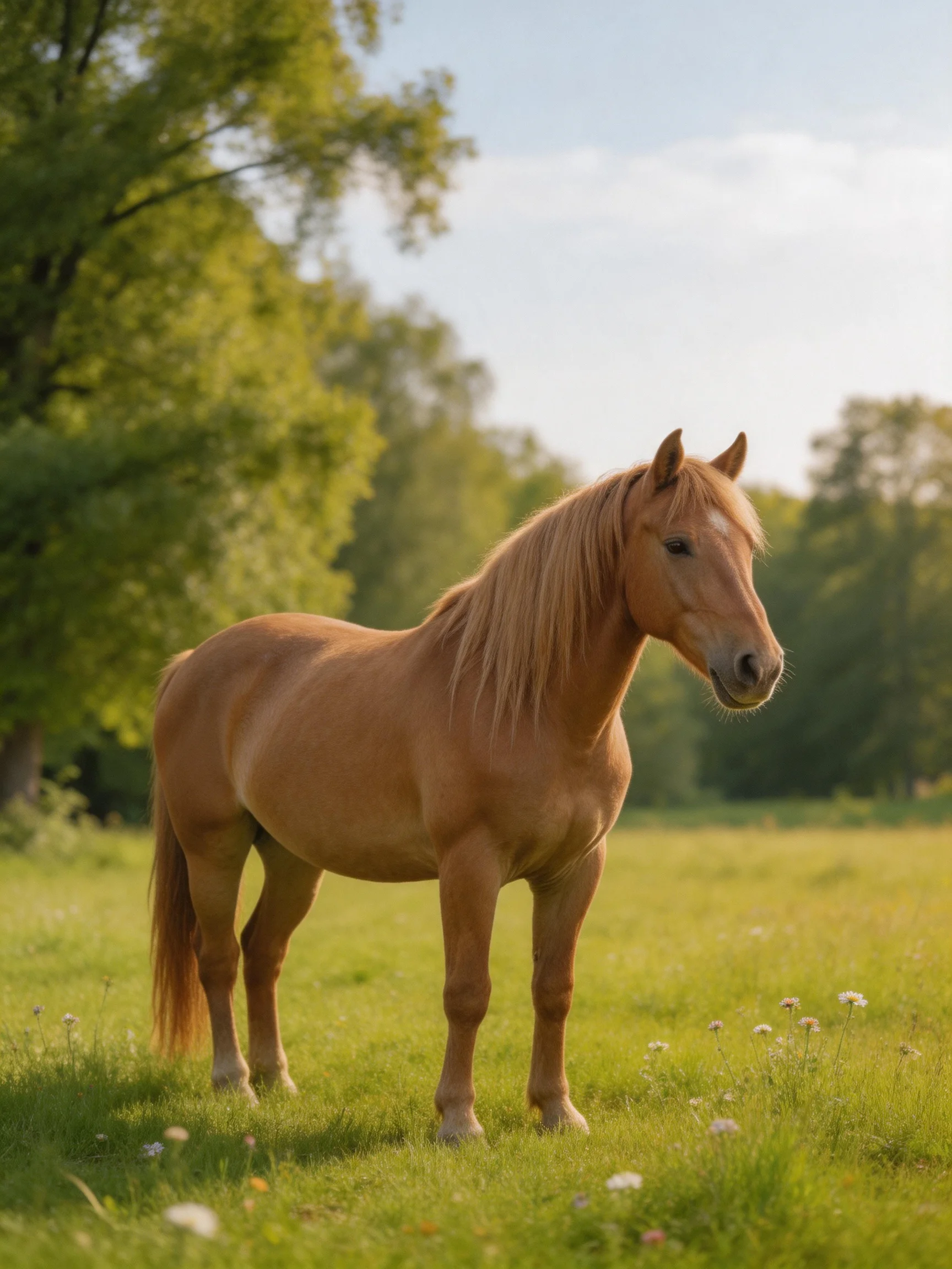 A tan horse stands in a sunlit green meadow with trees