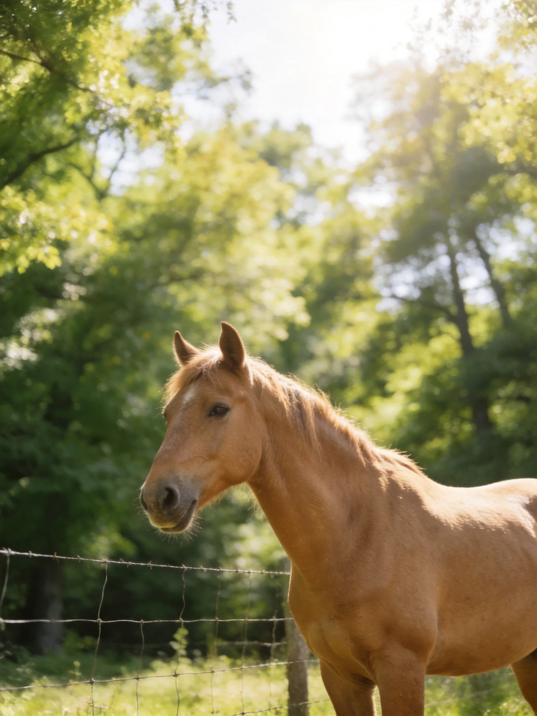 A tan horse stands near a barbed wire fence among lush green trees