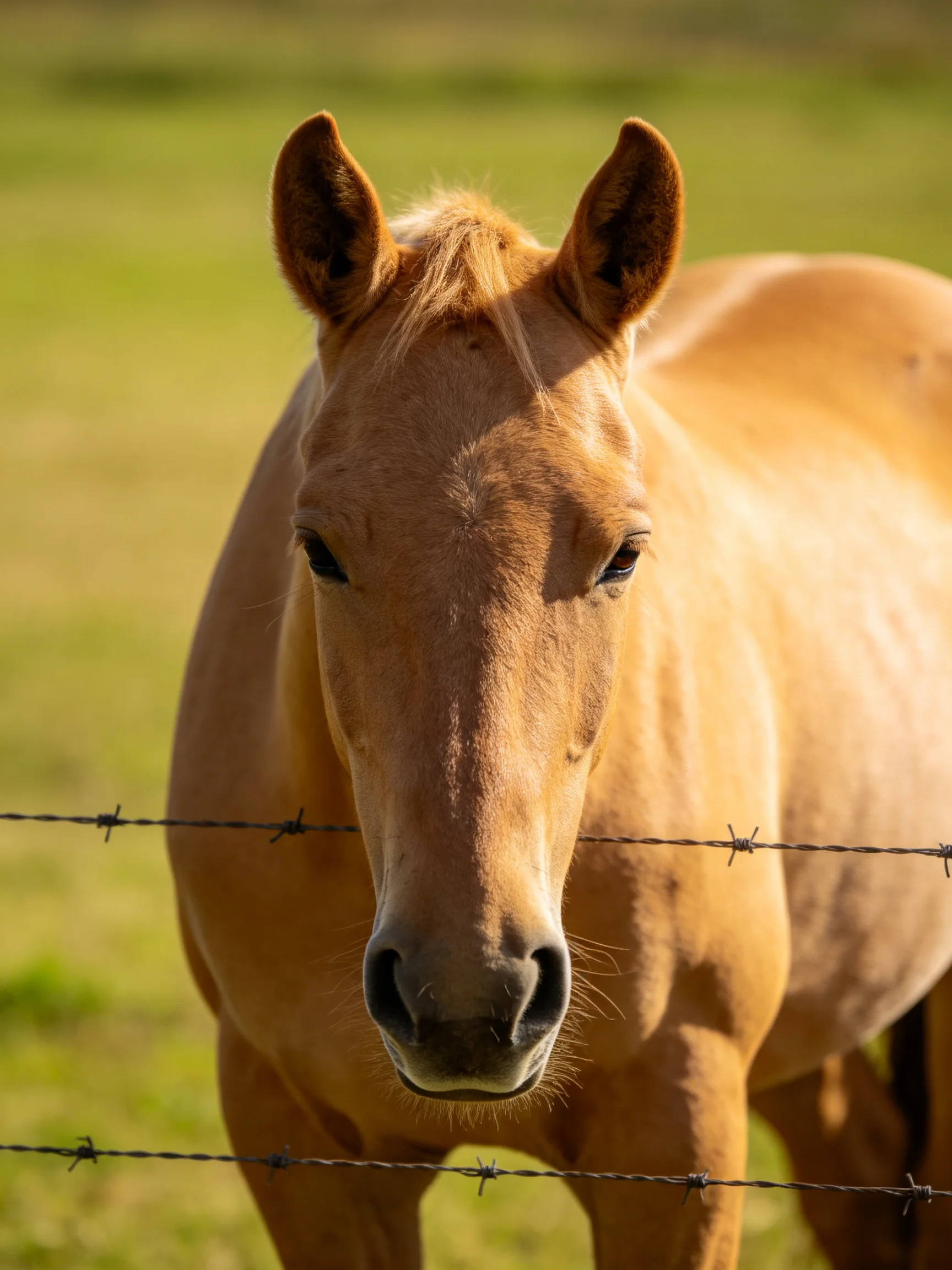 A tan horse stands near barbed wire in a sunlit pasture