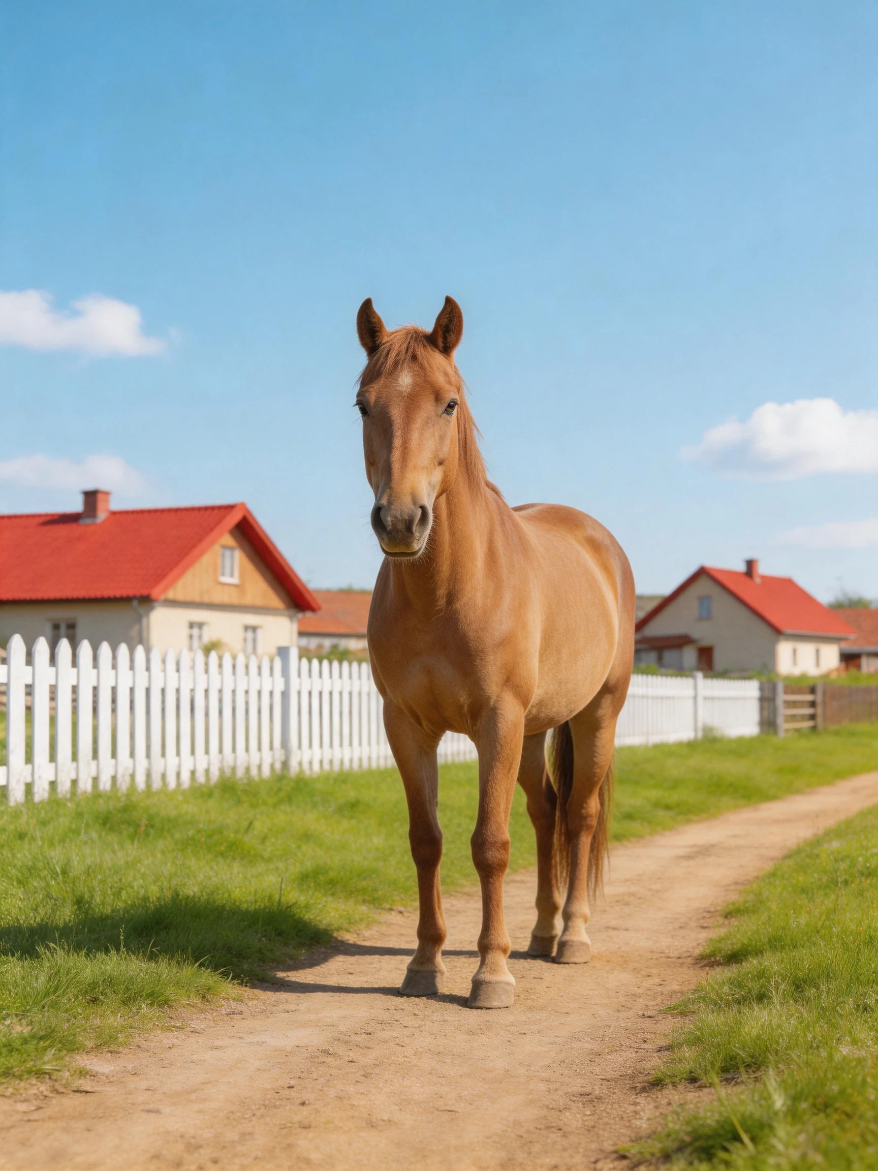 A tan horse stands on a dirt path near white fences and red-roofed homes