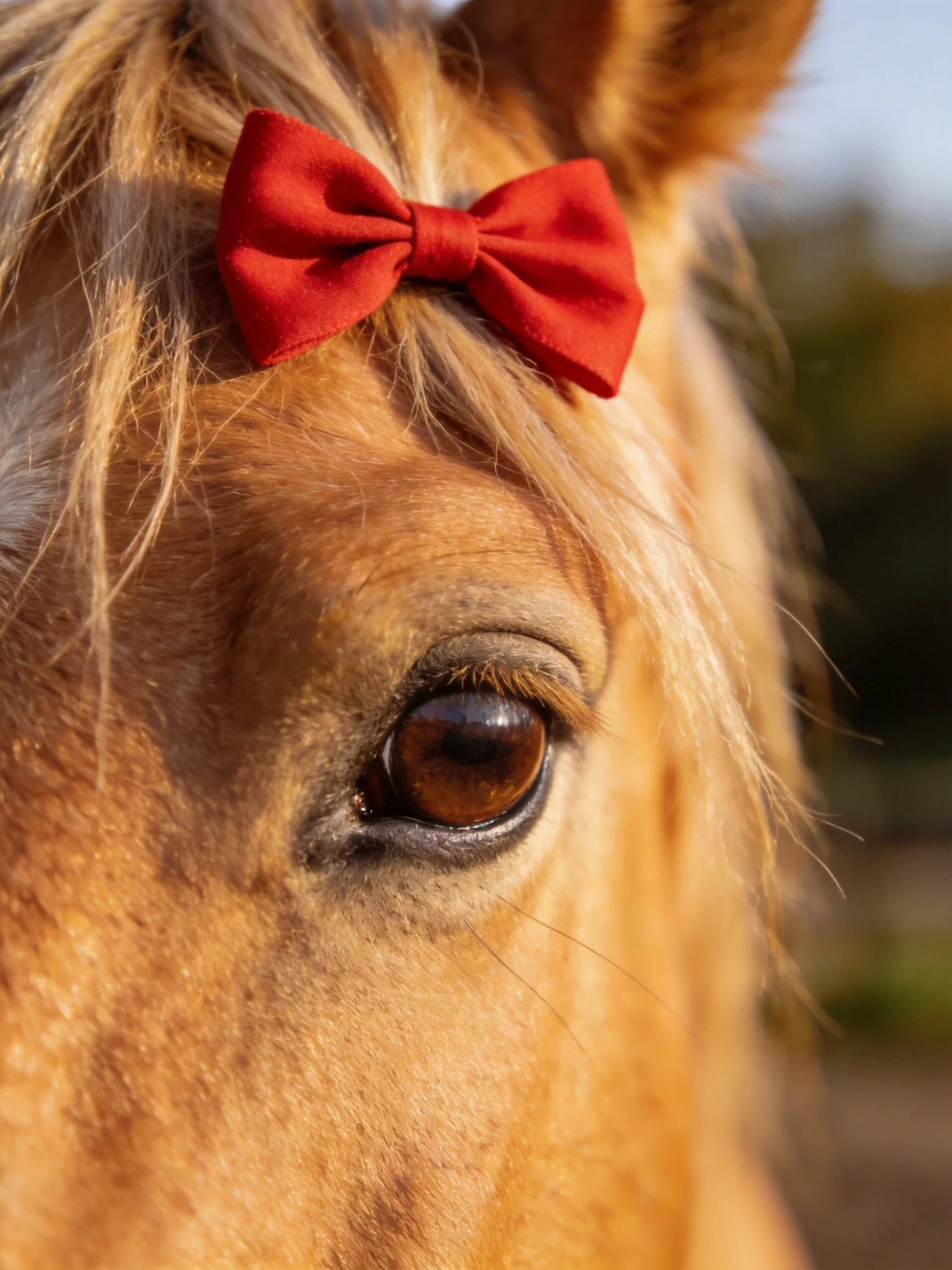 A tan horse with a bright red bow in its blonde mane