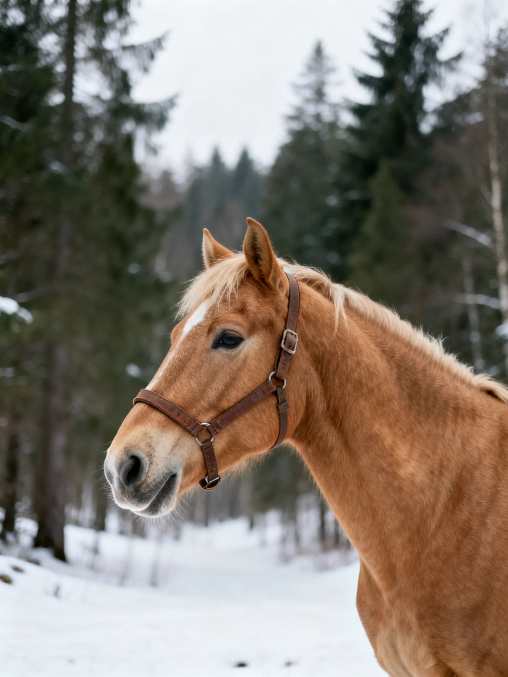 A tan horse with a brown halter in a snowy forest