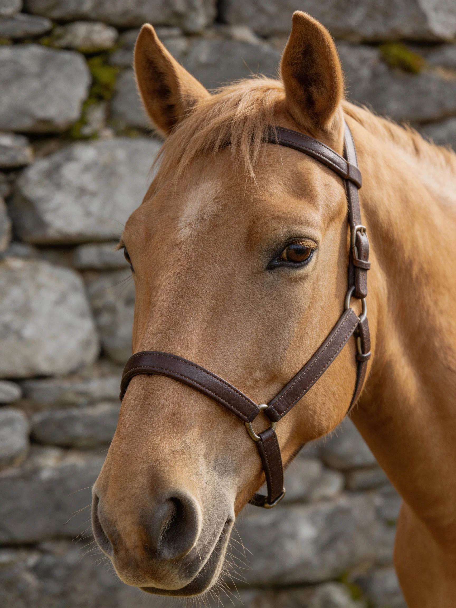 A tan horse with a brown halter near a gray stone wall