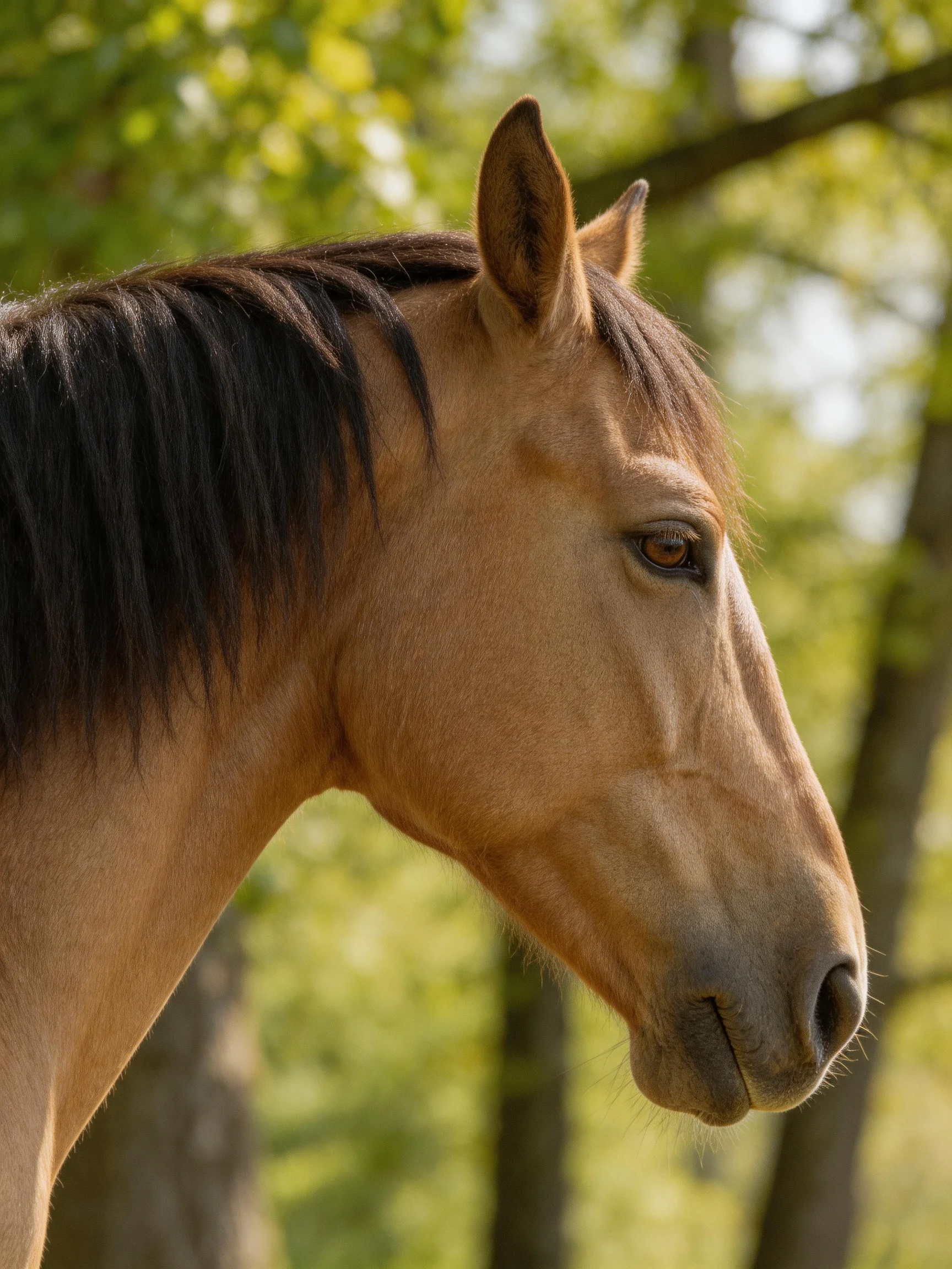 A tan horse with a dark mane in a sunlit forest