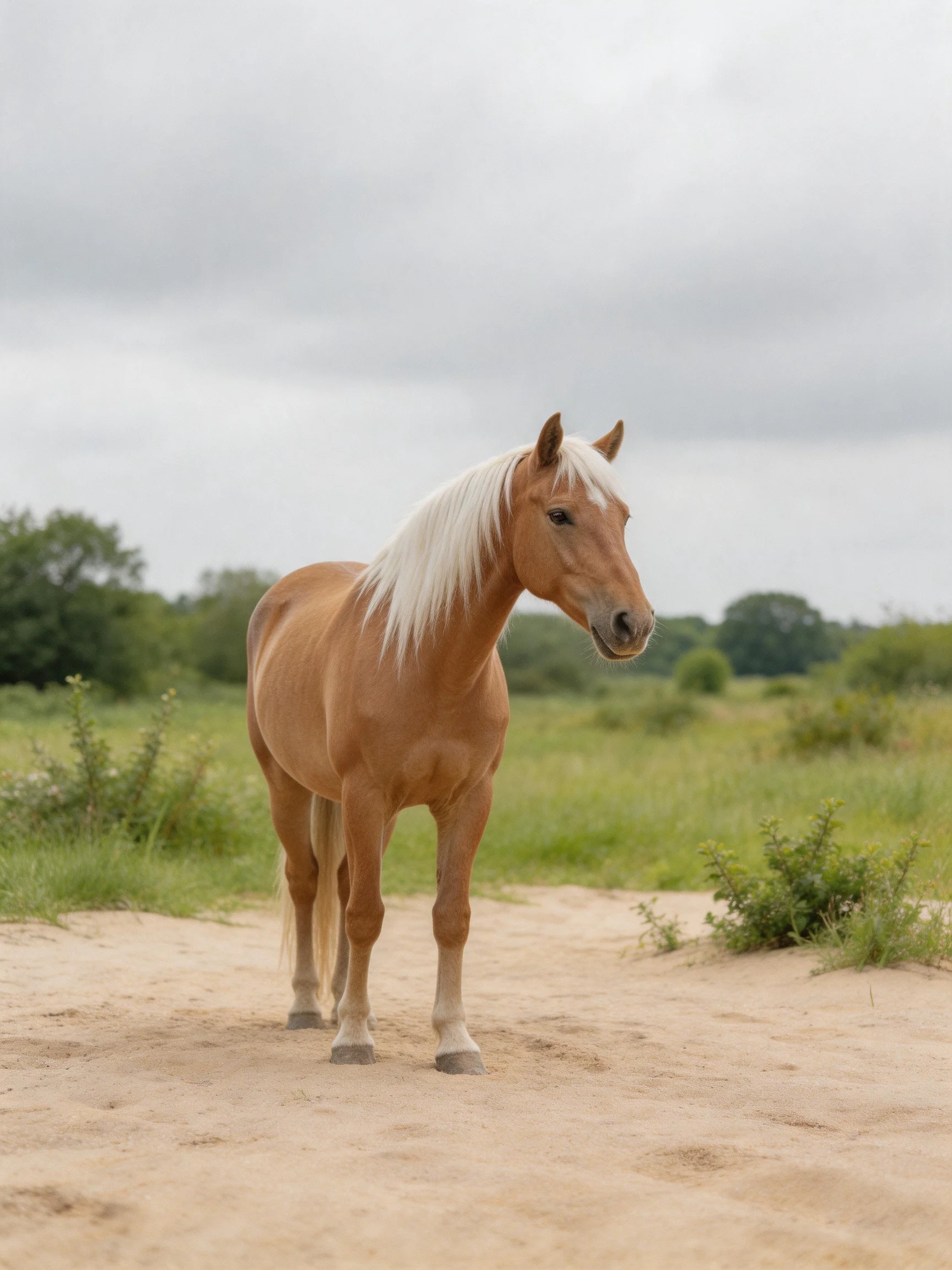 A tan horse with a long white mane stands on sandy terrain