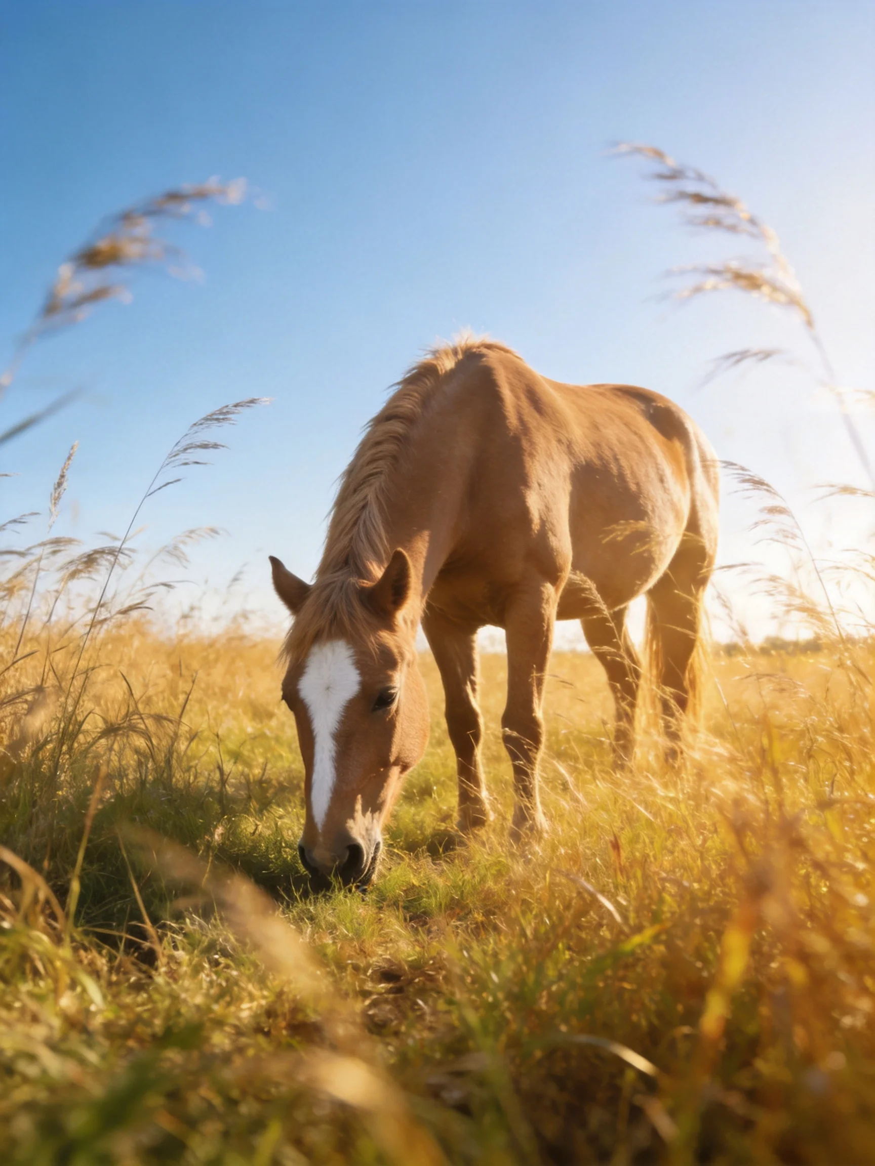 A tan horse with a white blaze grazes in a golden field under bright blue sky