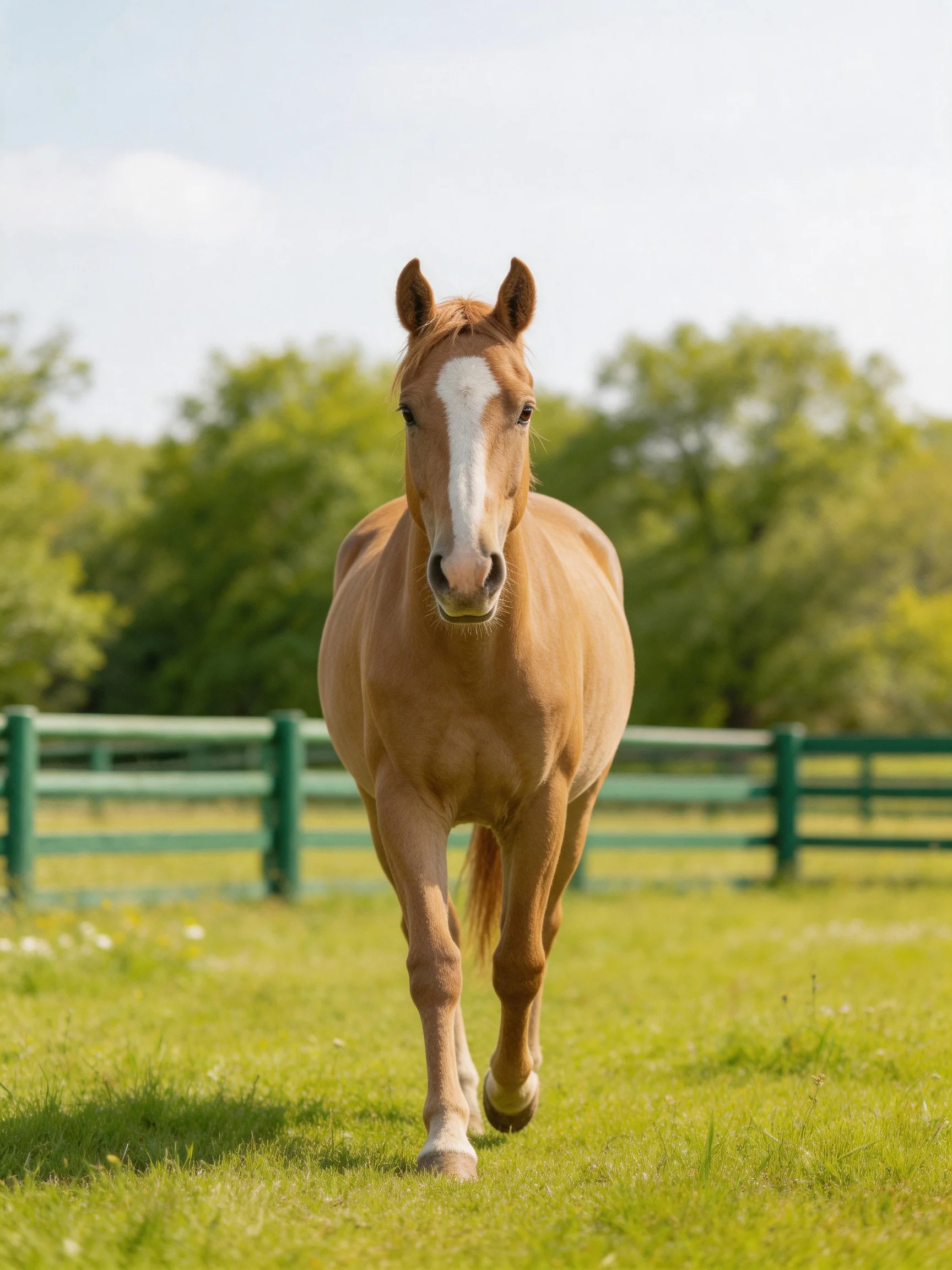 A tan horse with a white blaze walks toward green fenced pastures