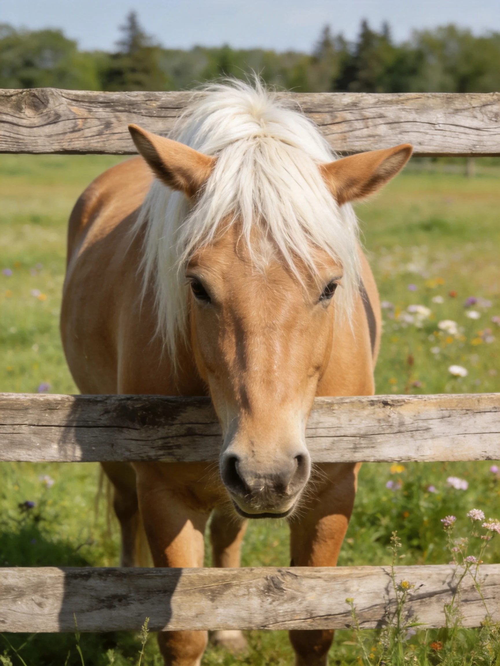 A tan horse with a white mane near an old wooden fence