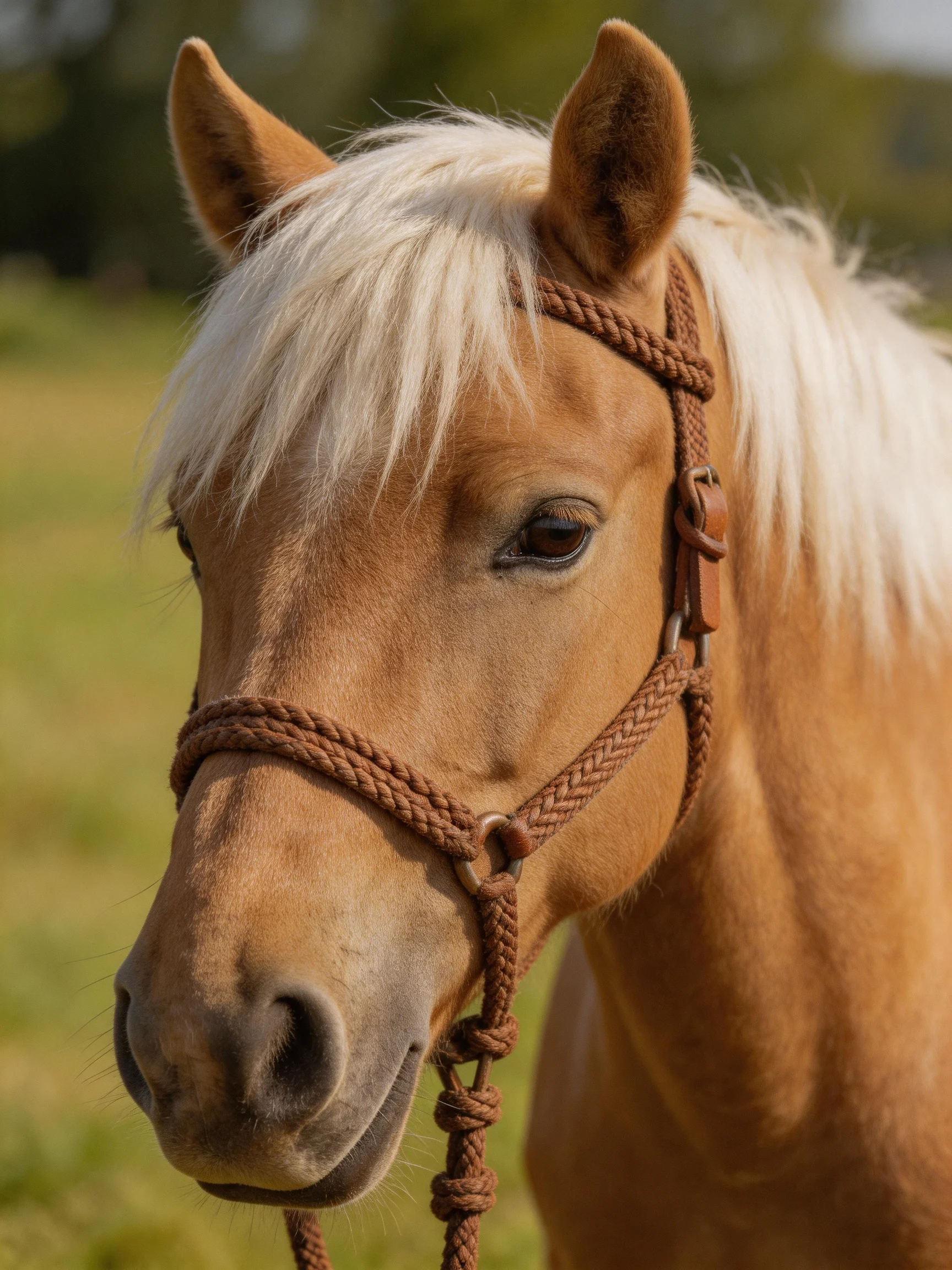 A tan horse with a white mane sports a braided brown bridle