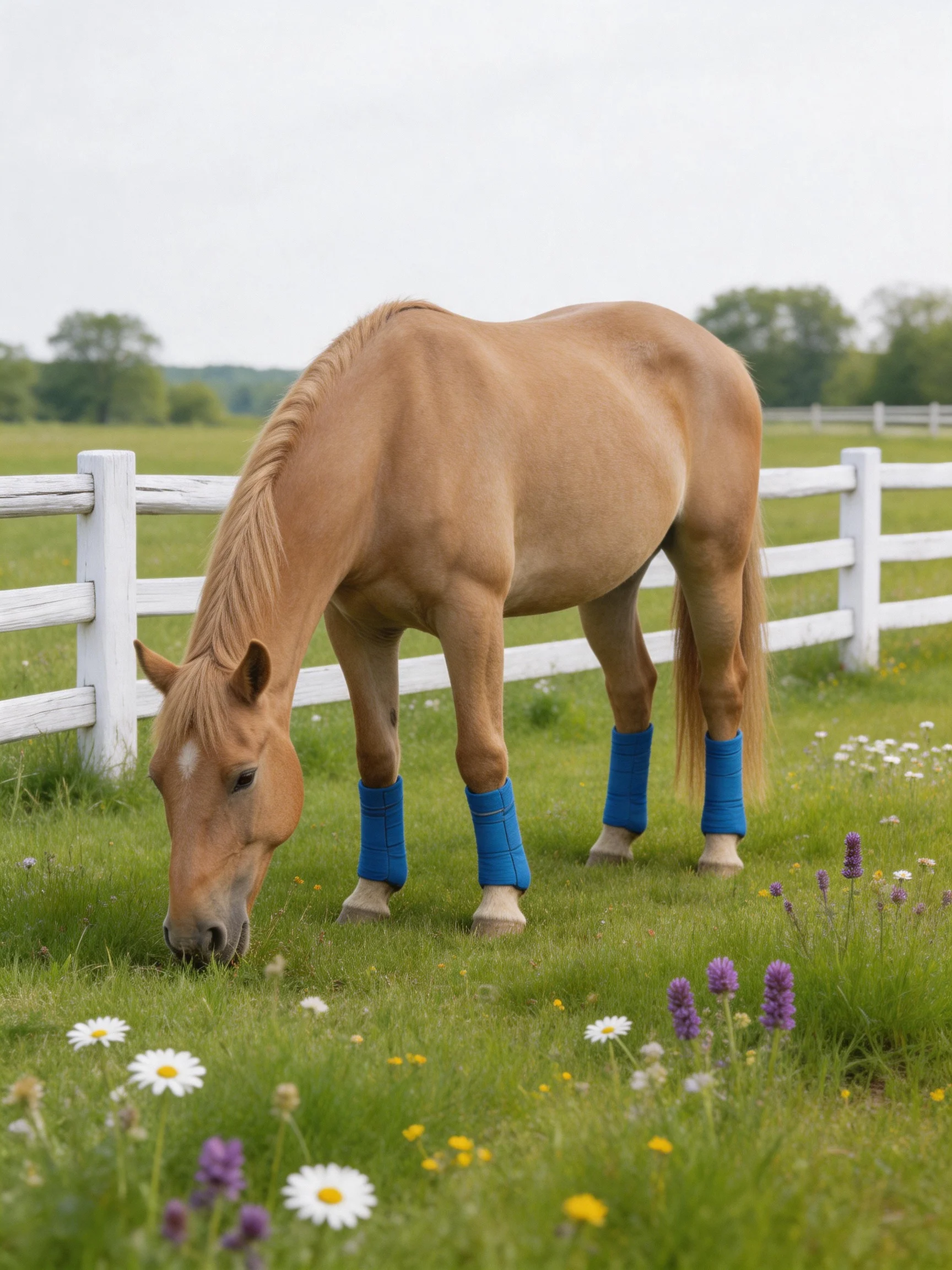 A tan horse with blue leg wraps grazes near a white fence amid wildflowers