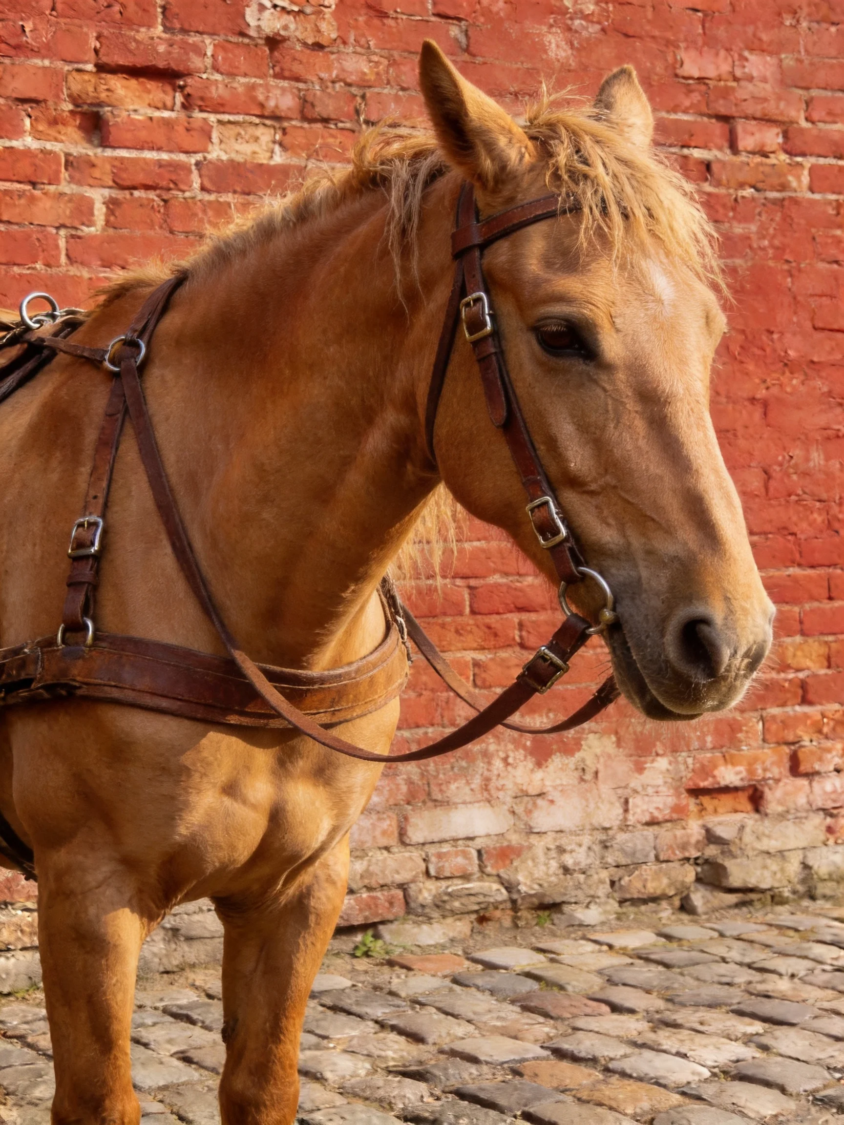 A tan horse with brown leather harnesses stands by a weathered red brick wall