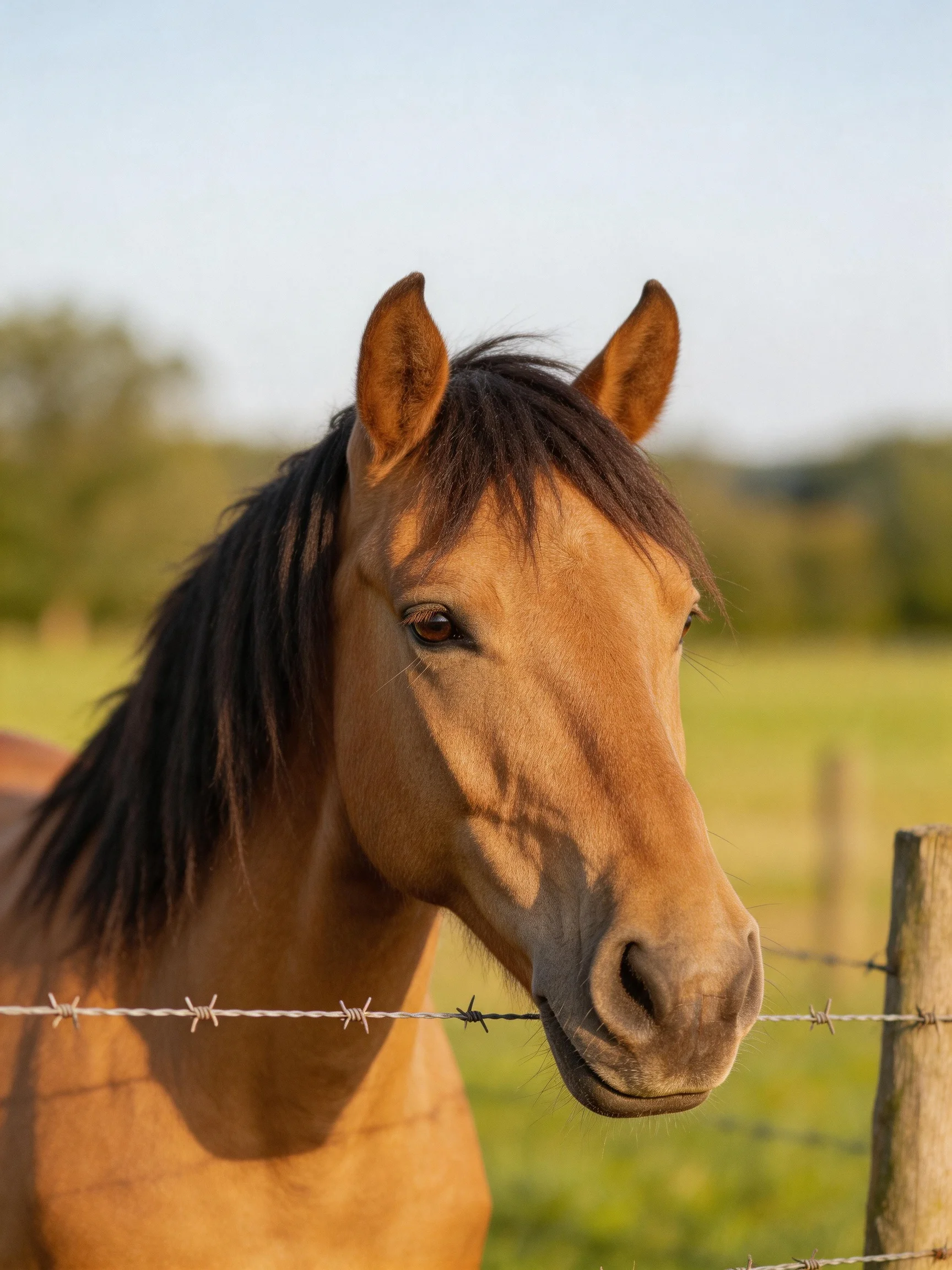 A tan horse with dark mane near barbed wire fence in sunny pasture