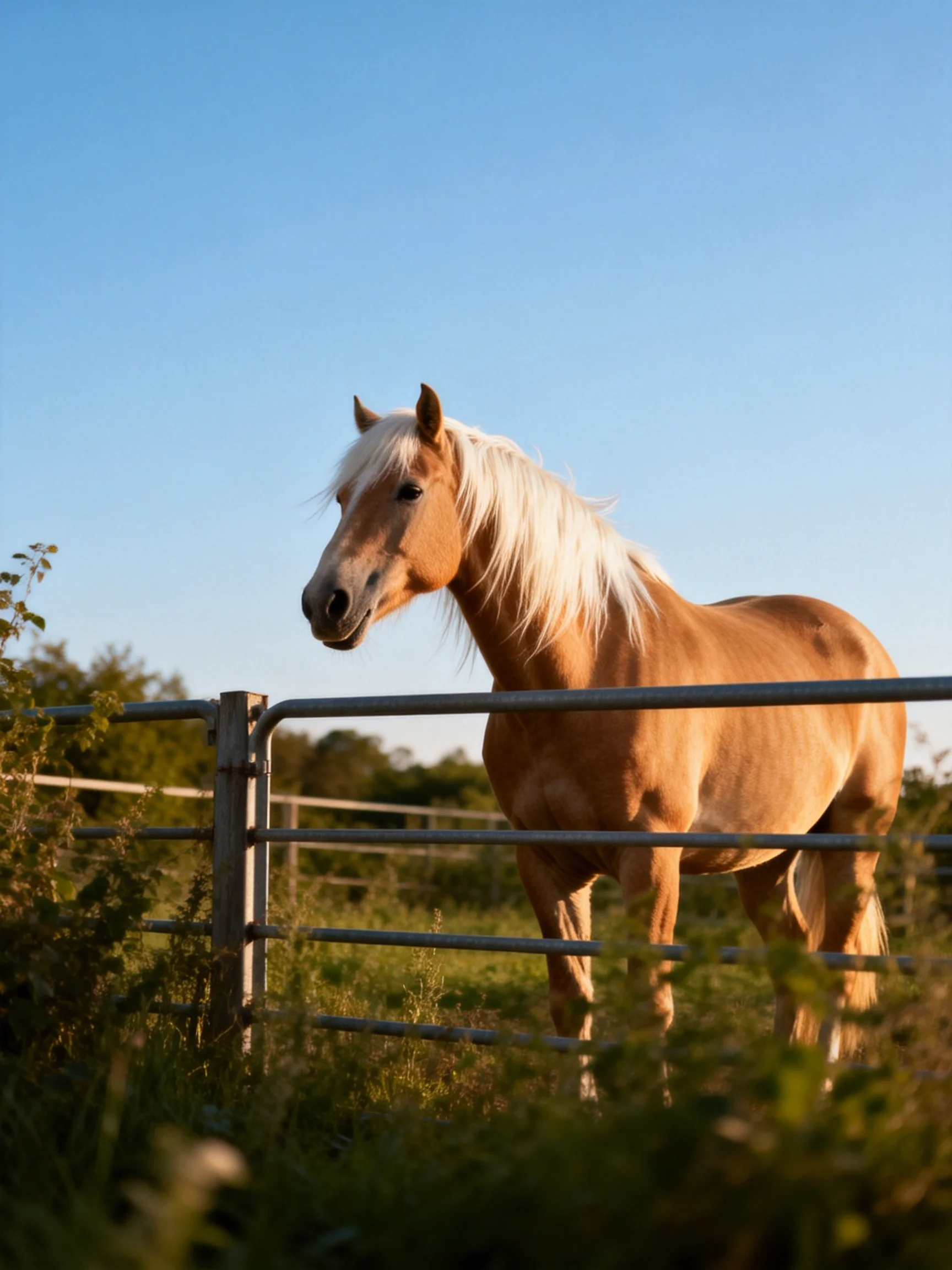 A tan horse with long blonde mane near metal fence