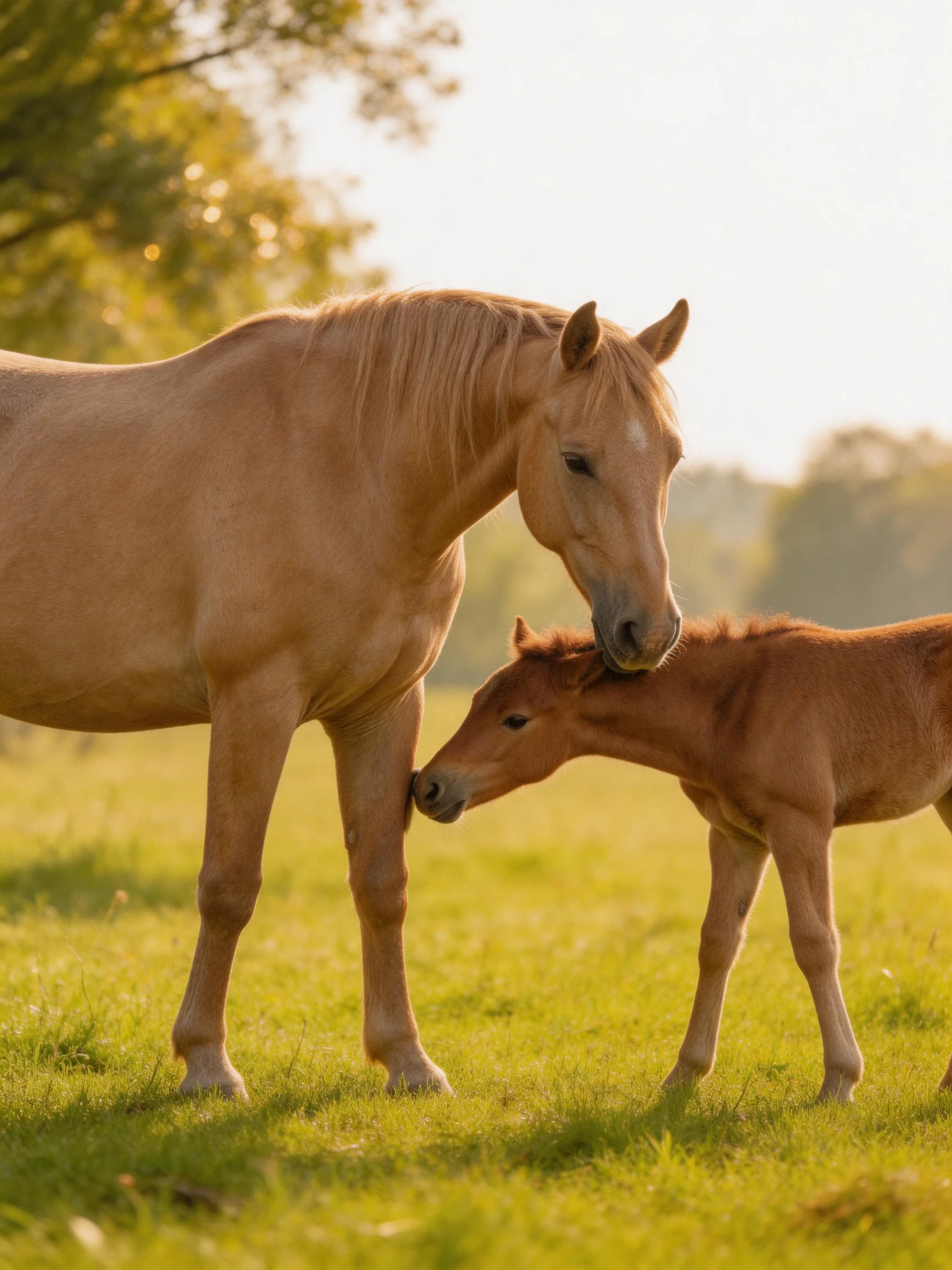 A tan mare and chestnut foal nuzzle in a sunlit meadow