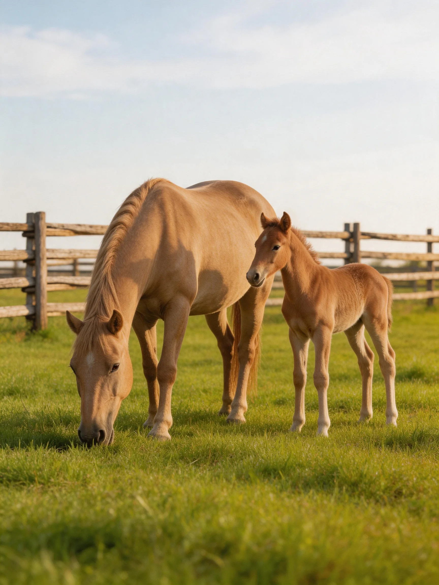 A tan mare and foal graze near a wooden fence in a lush green pasture