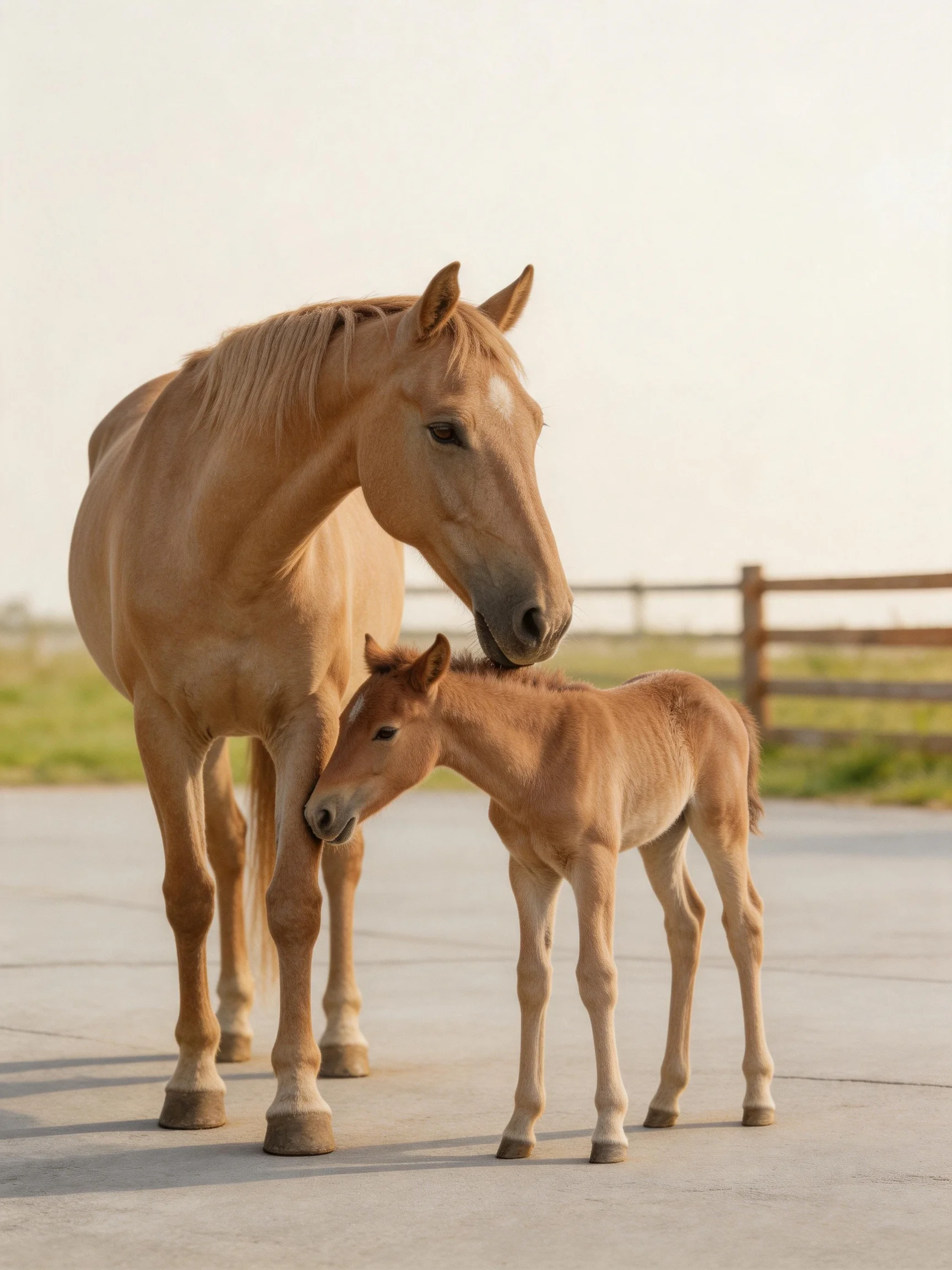 A tan mare and foal stand together on a concrete surface near a wooden fence