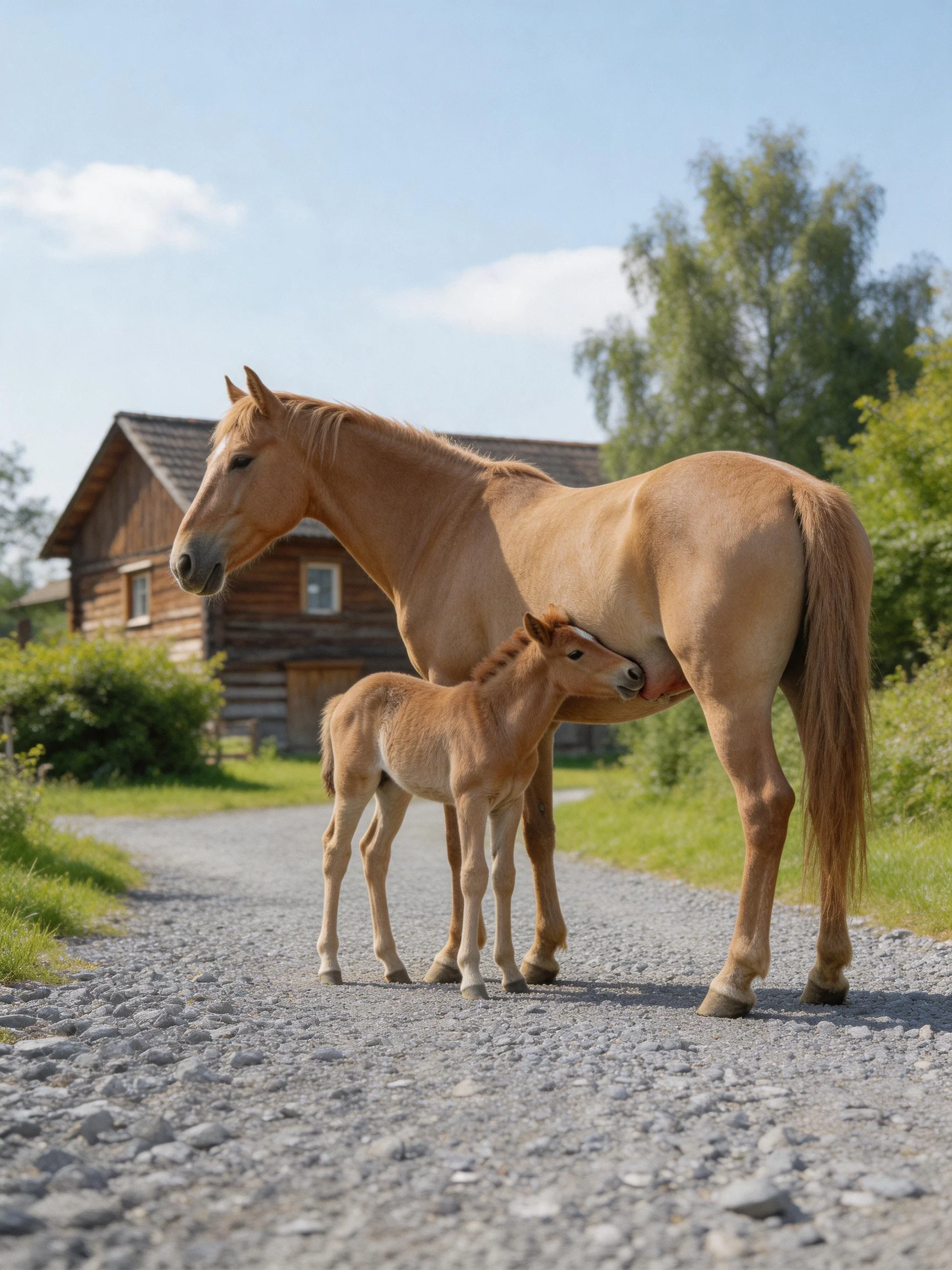 A tan mare nurses her foal near a wooden cabin