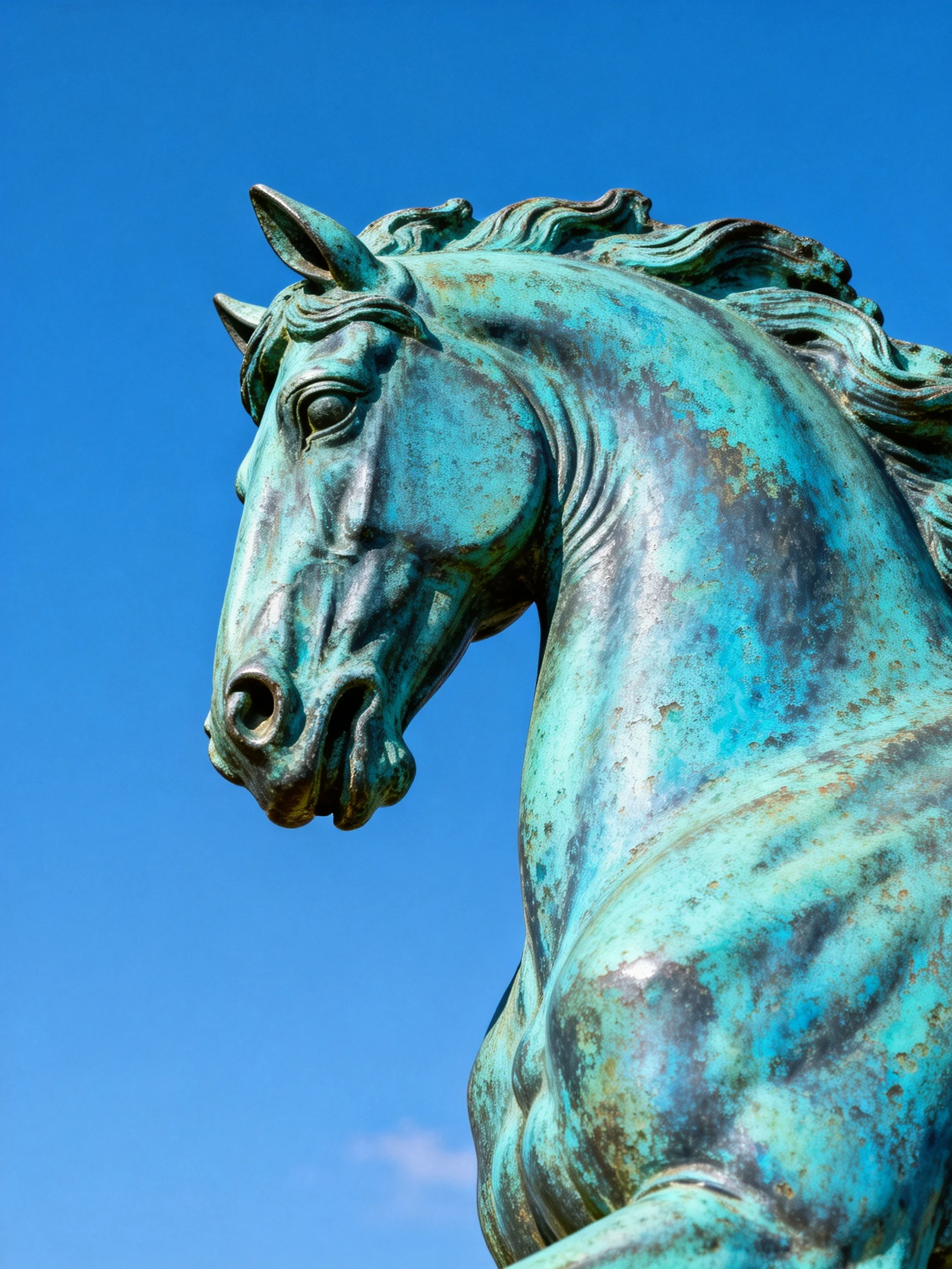 A turquoise-patinated bronze horse statue against a clear blue sky