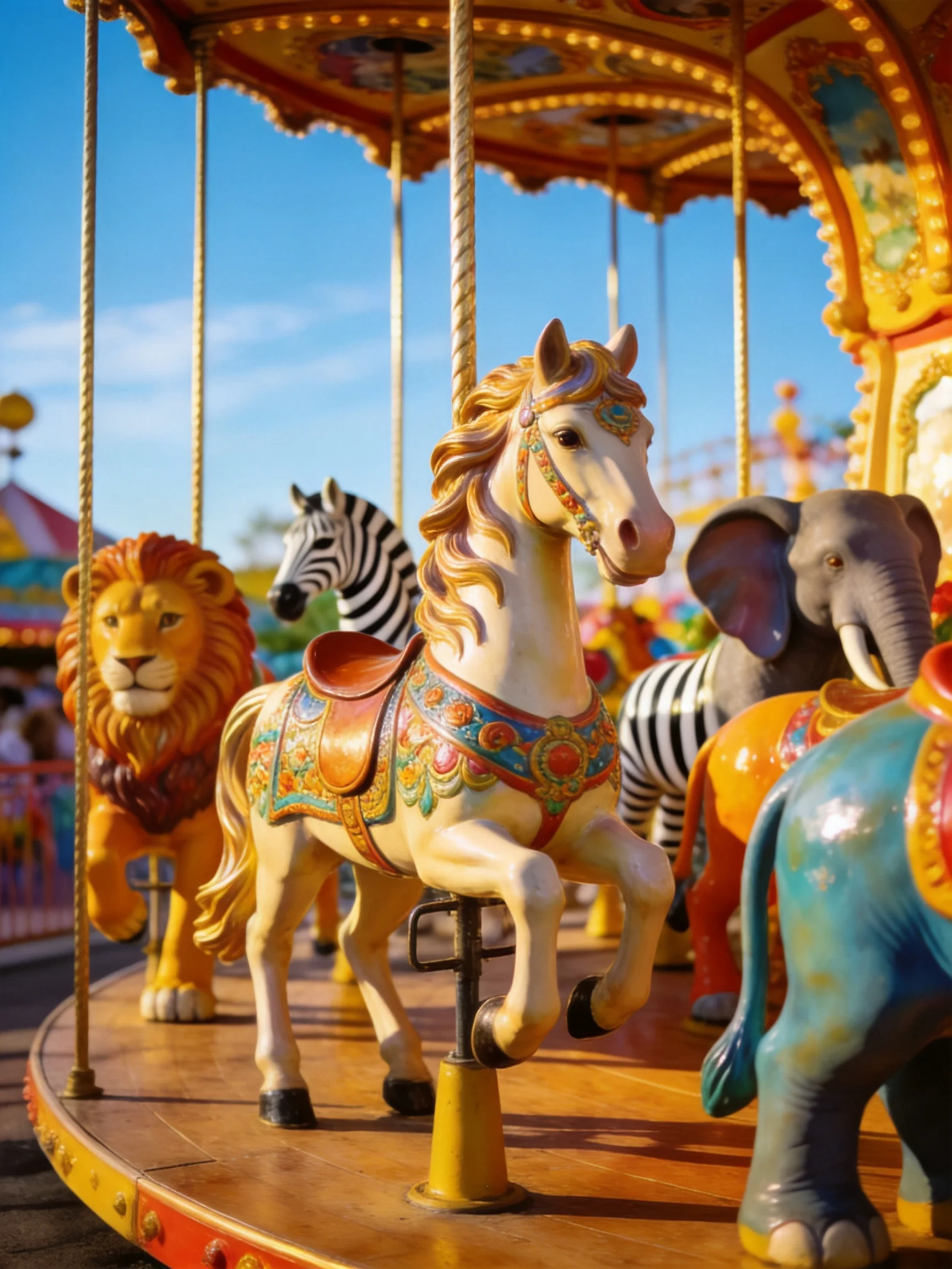 A vibrant carousel with decorative animal figures spinning