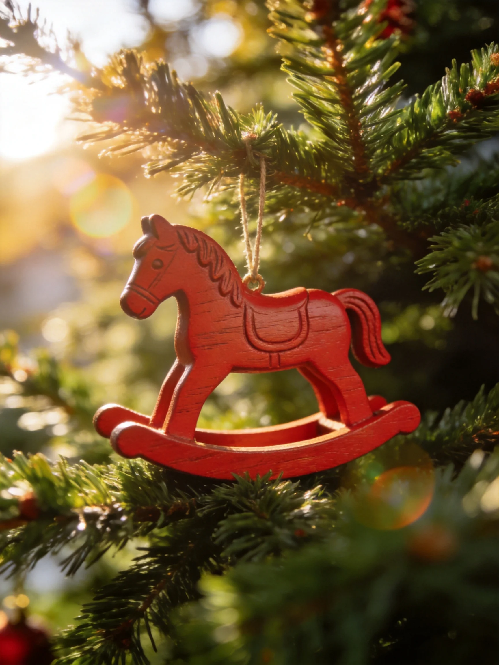 A vibrant red wooden rocking horse ornament hangs from a green pine branch
