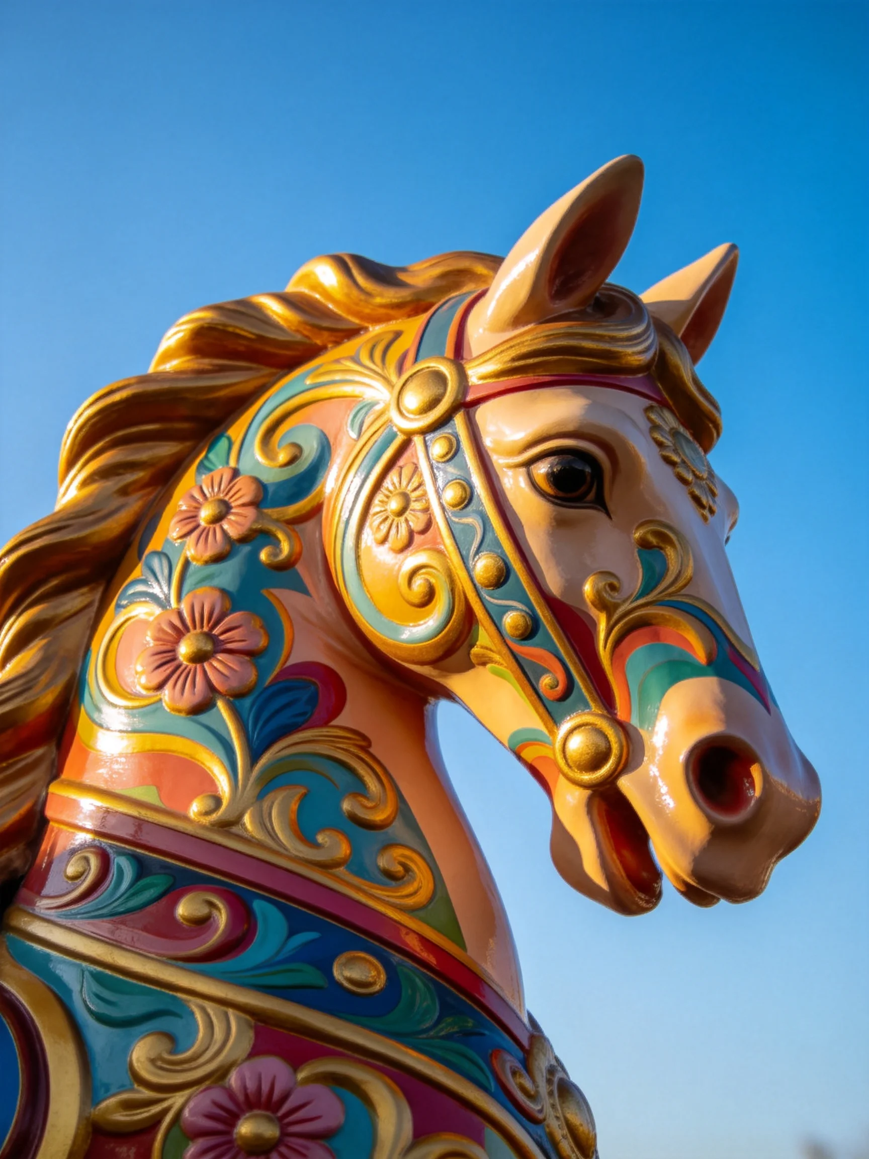 A vibrantly decorated carousel horse head with golden accents