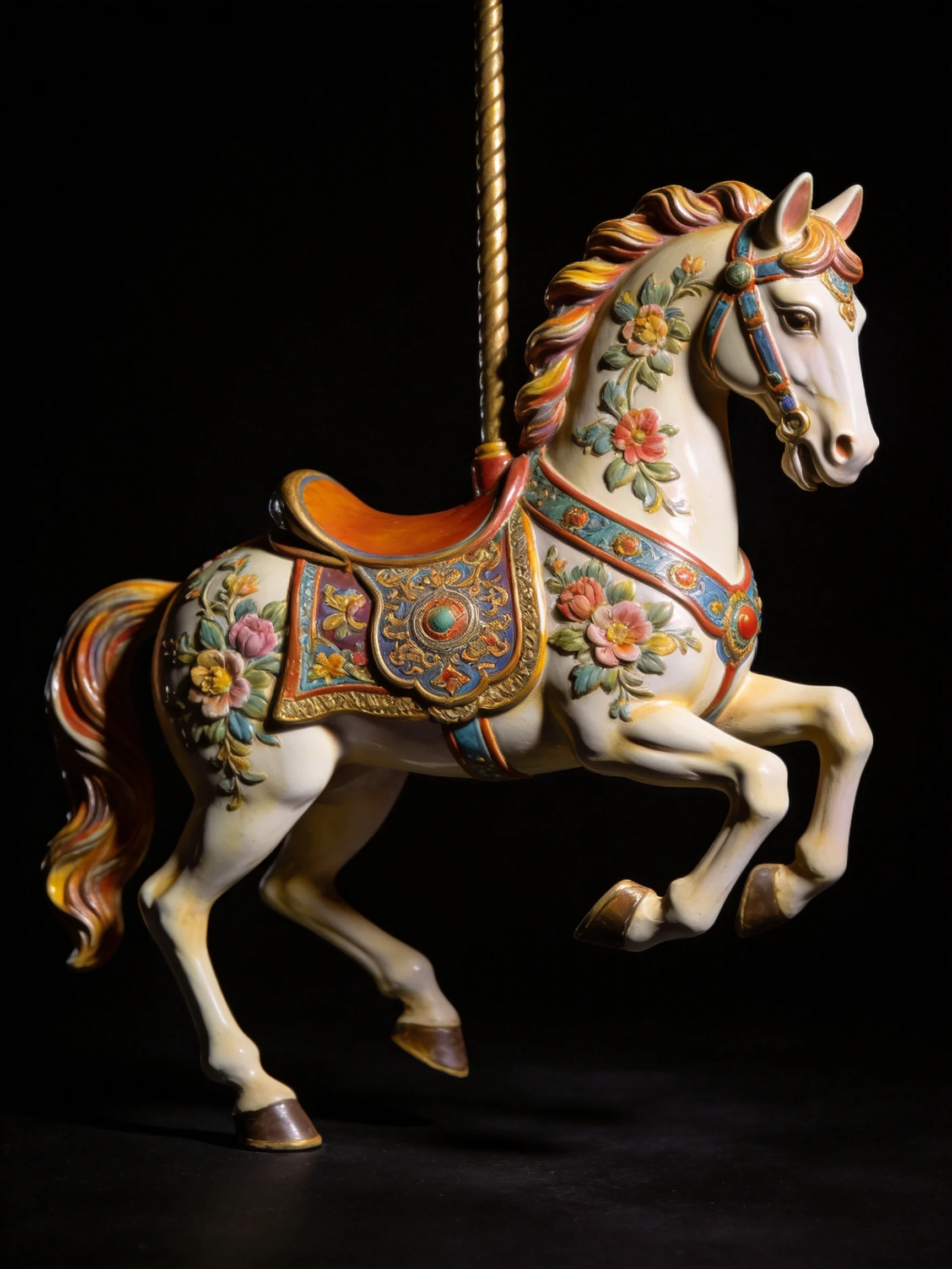 A vibrantly decorated carousel horse with ornate floral patterns