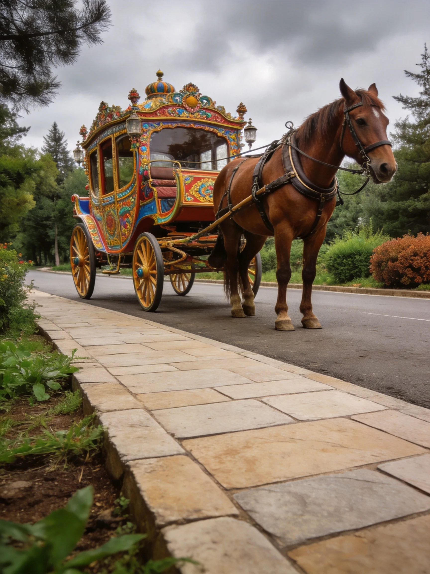 A vibrantly decorated horse-drawn carriage on a paved road
