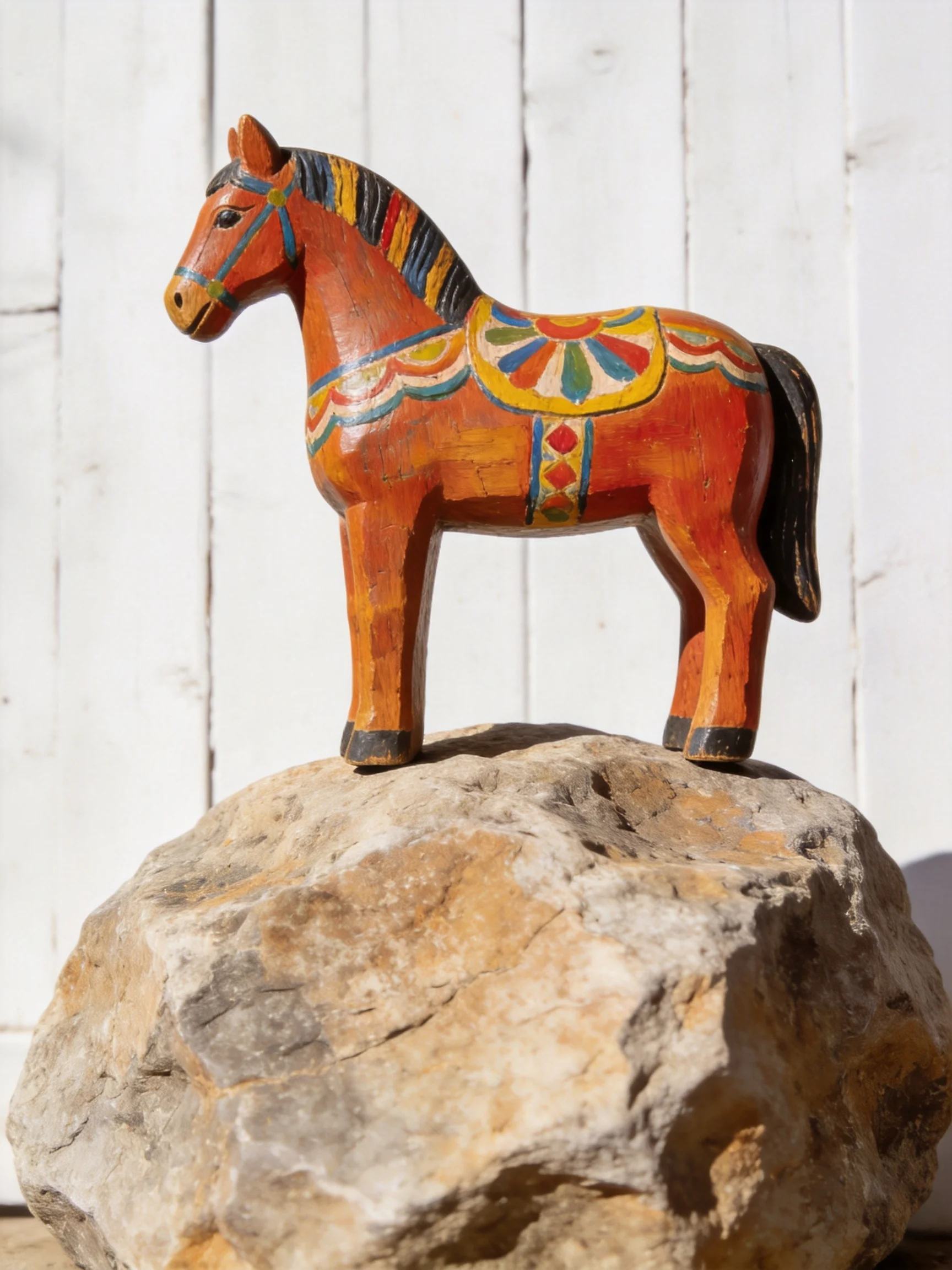 A vibrantly painted wooden horse stands atop a large rock near a white wooden wall
