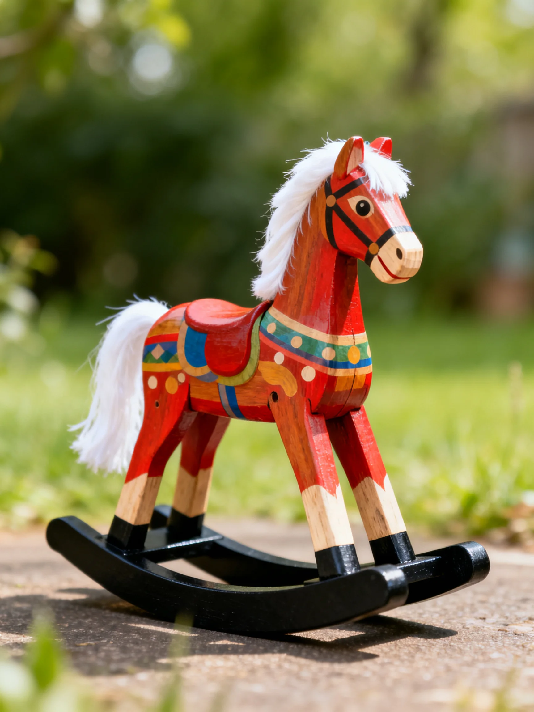 A vibrantly painted wooden rocking horse with white yarn mane