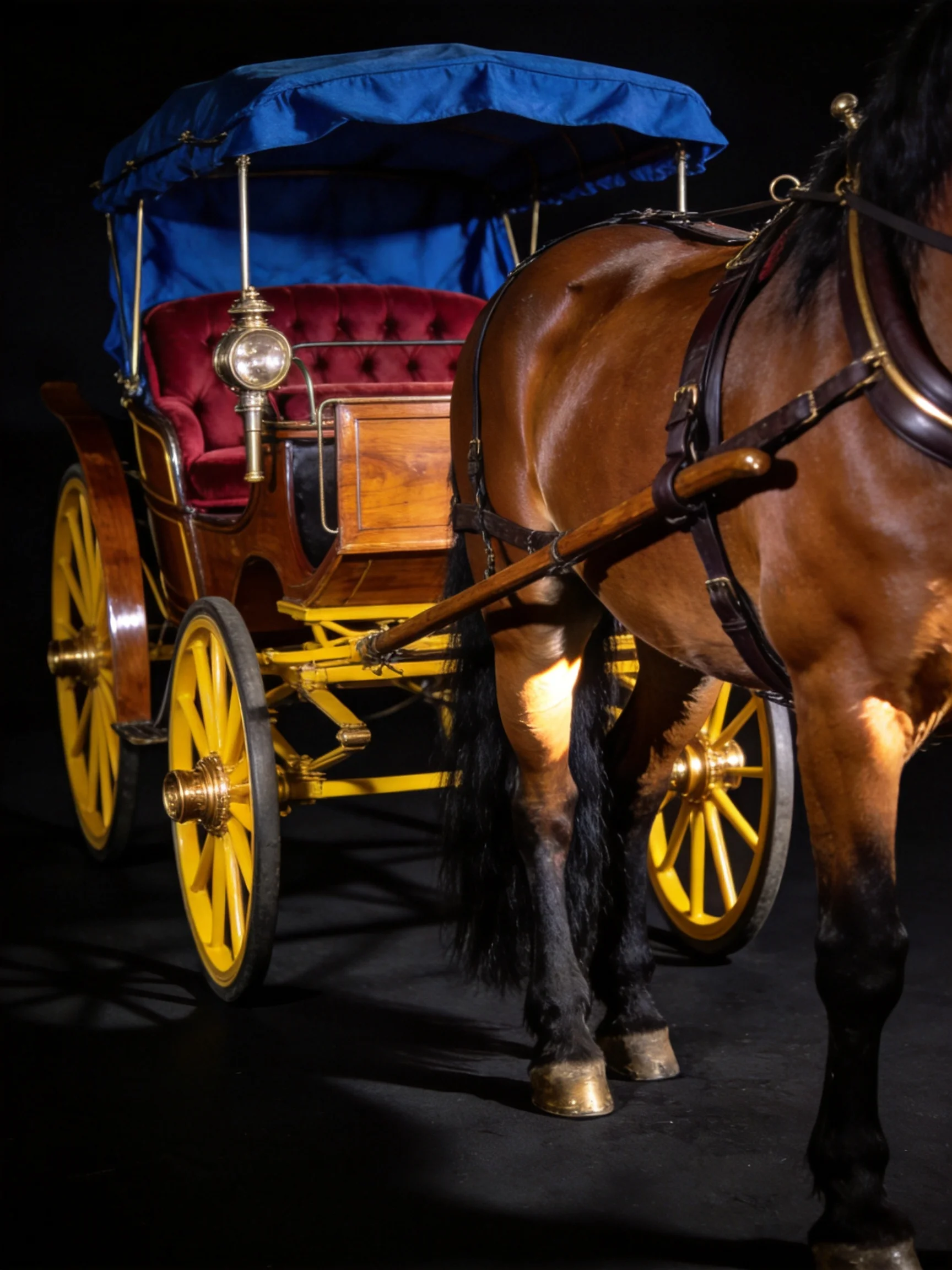 A vintage horse-drawn carriage with blue canopy and yellow wheels