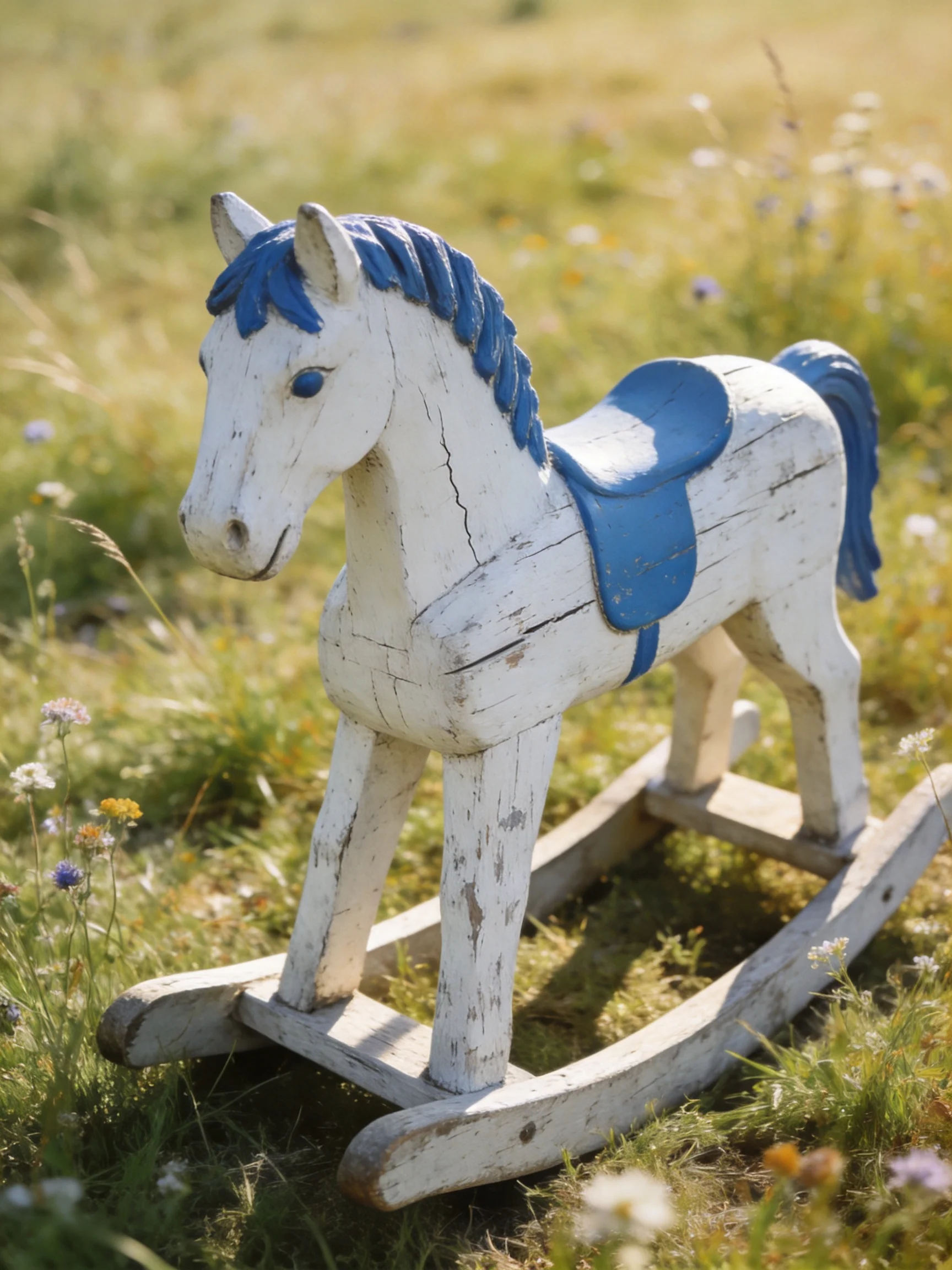 A vintage white wooden rocking horse with blue accents in a sunlit meadow