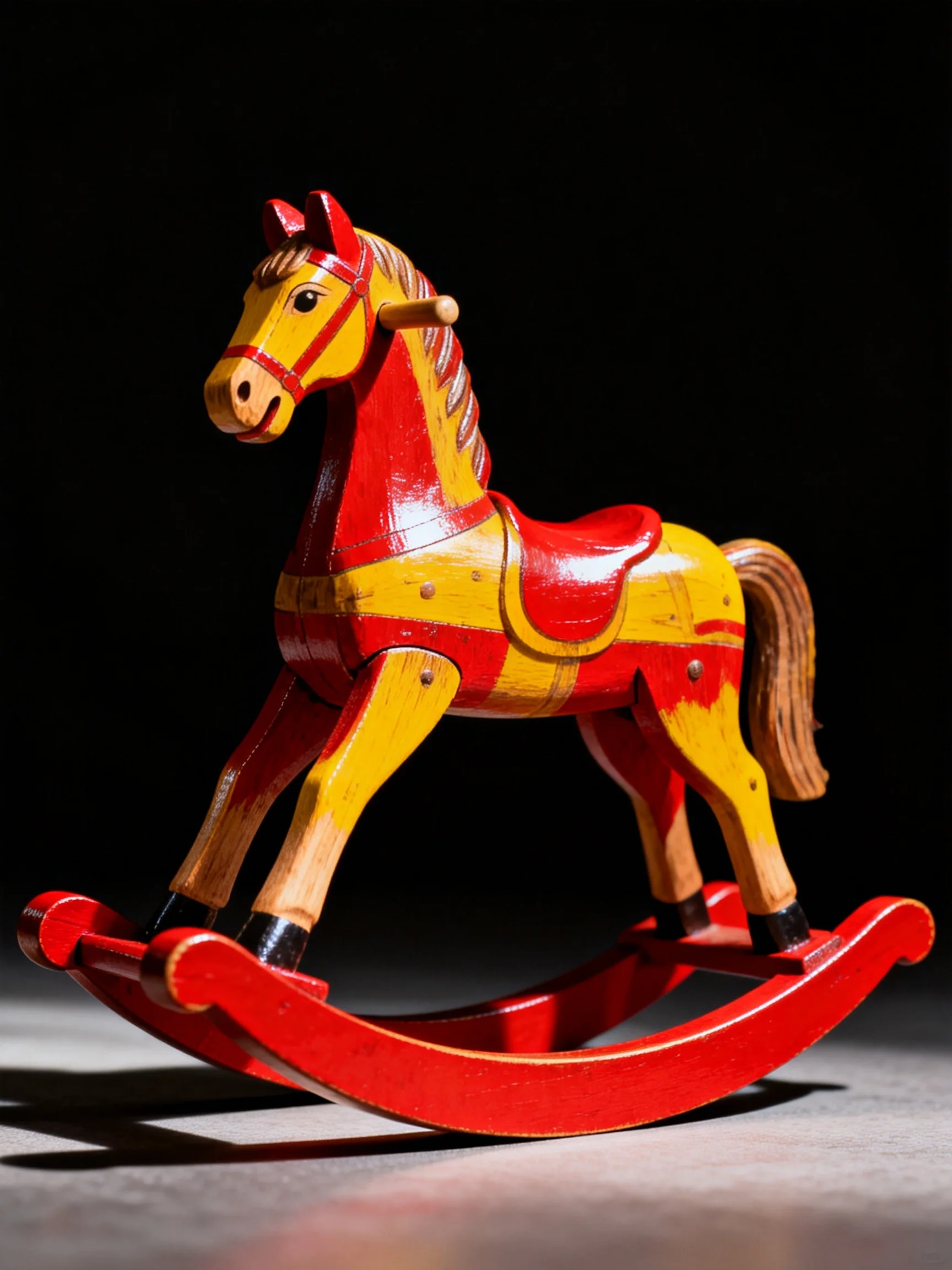 A vintage wooden rocking horse painted red and yellow