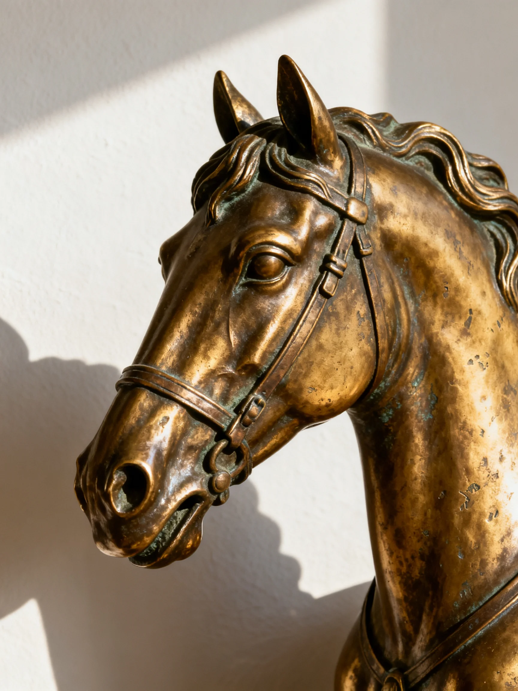 A weathered bronze horse head sculpture with intricate bridle details
