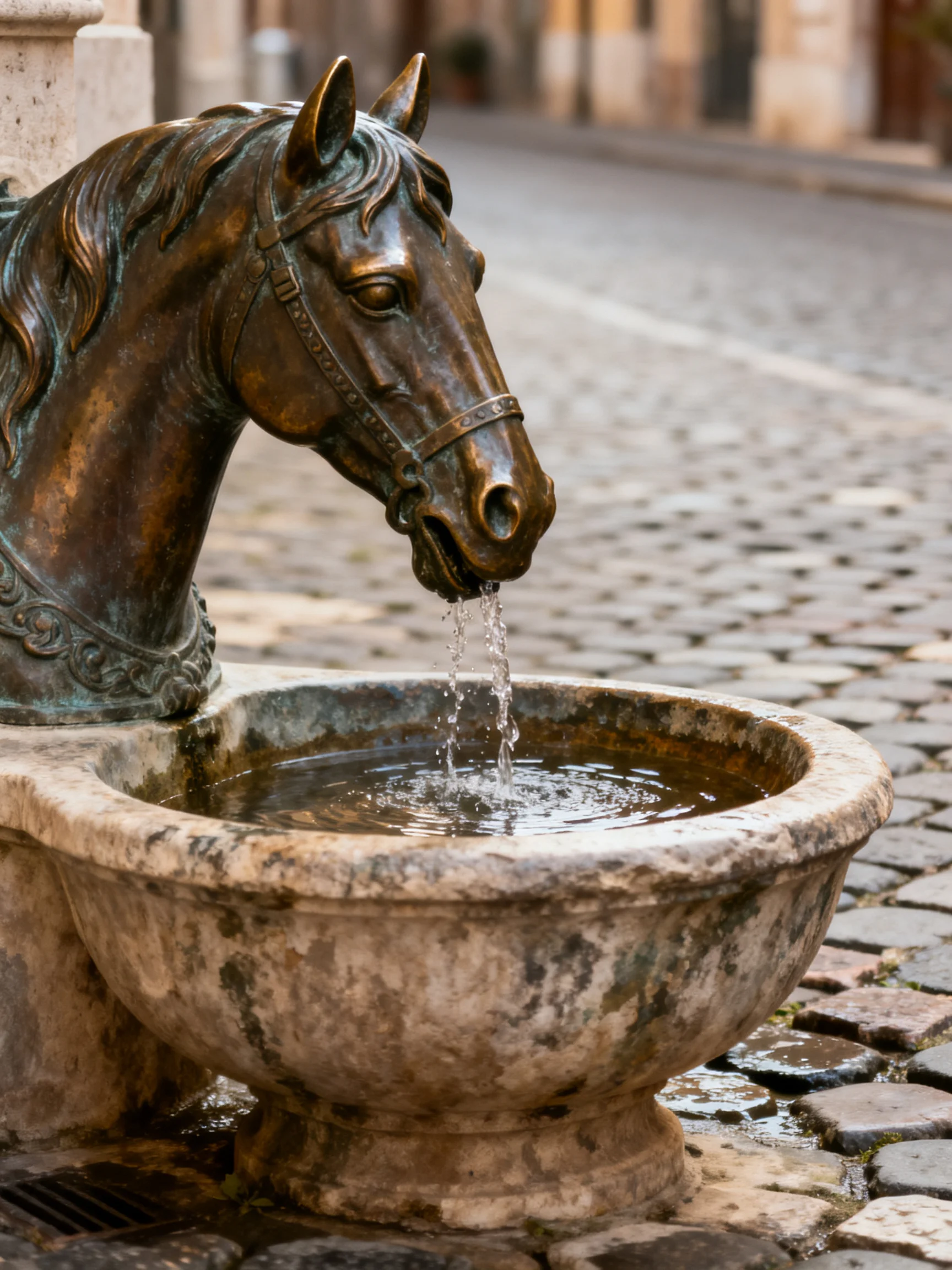 A stone fountain with a bronze horse head dispenses water onto cobblestones.