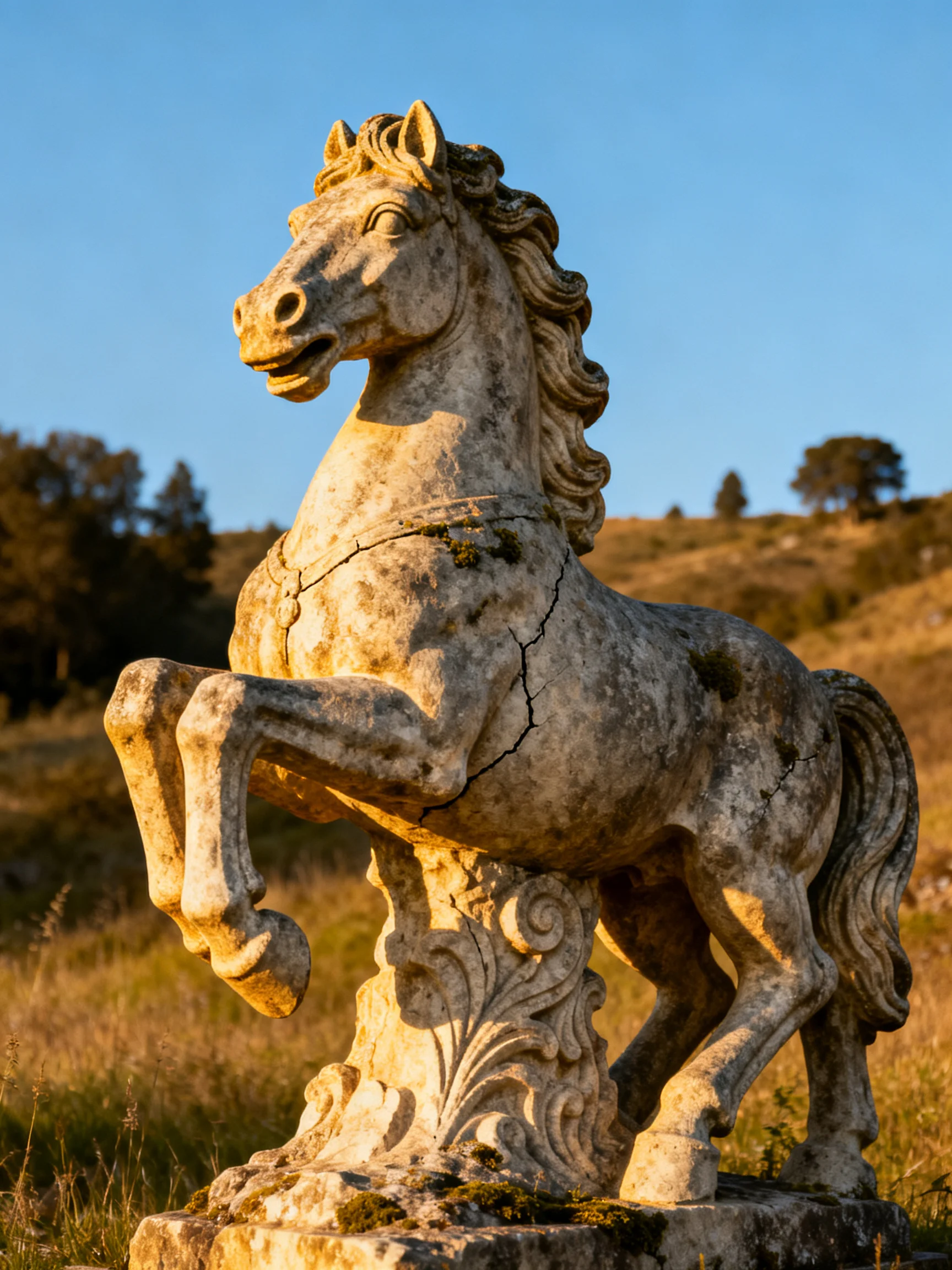 A weathered stone horse sculpture in a sunlit rural landscape