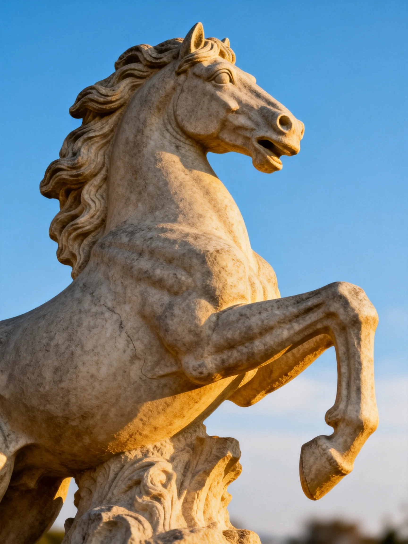 A stone horse statue rears dynamically under a clear blue sky.