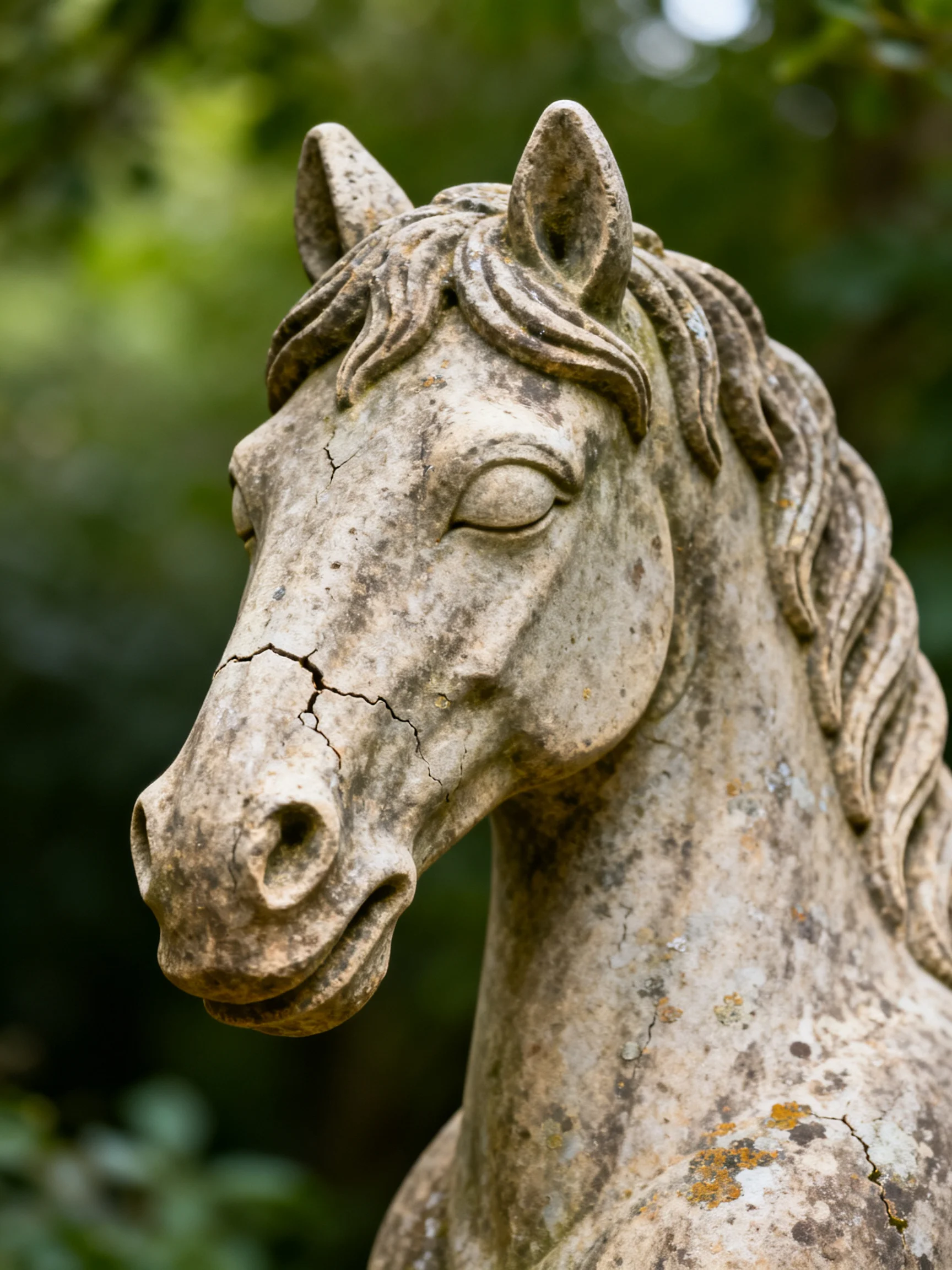 A weathered stone horse statue with cracked surface and green backdrop