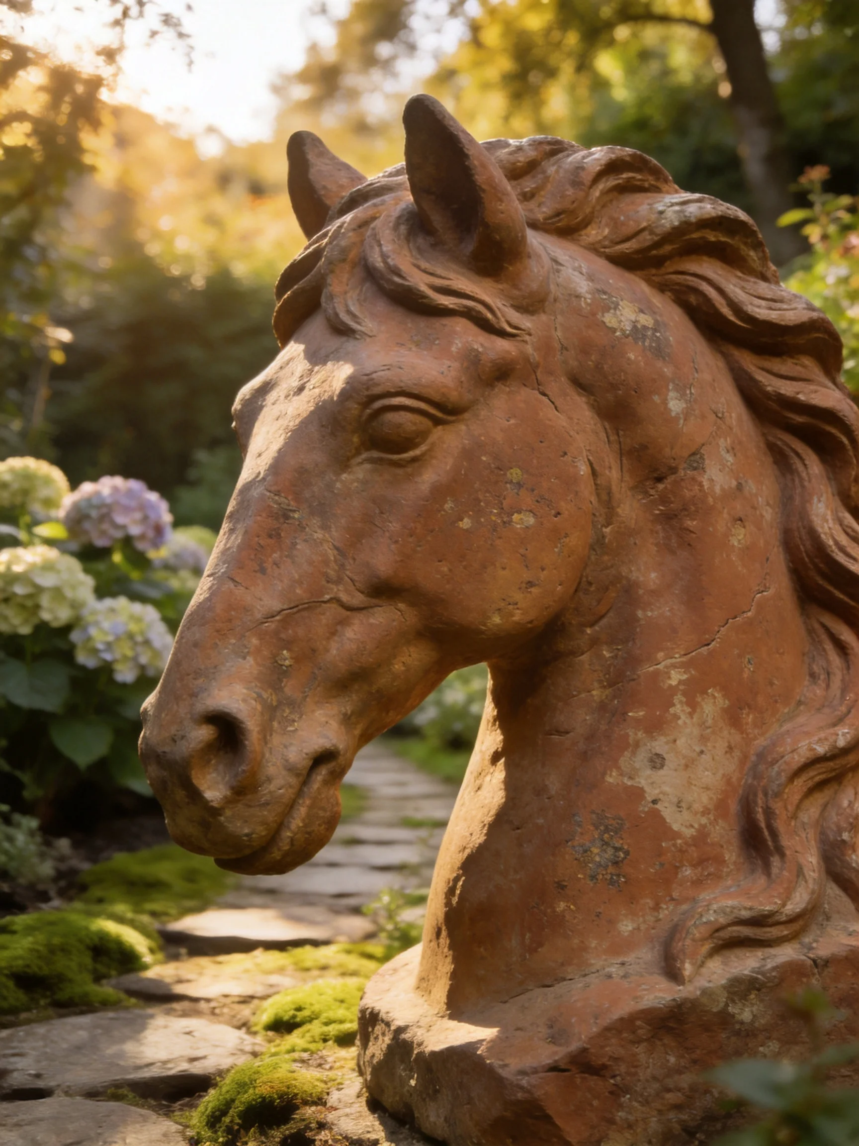 A weathered terracotta horse head sculpture in a sunlit garden