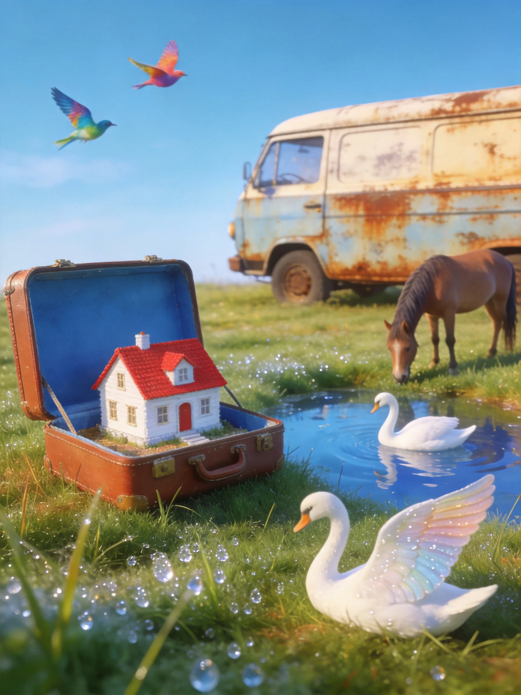 A weathered van, two swans, vibrant birds near a suitcase with a miniature house