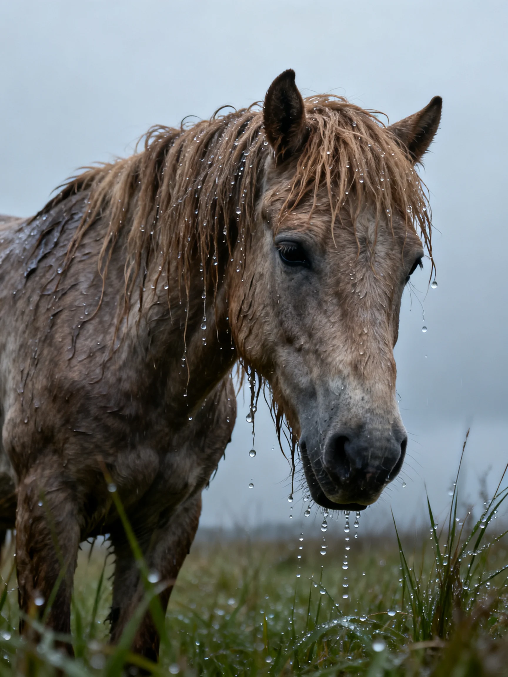A wet brown horse stands in dewy grass under an overcast sky