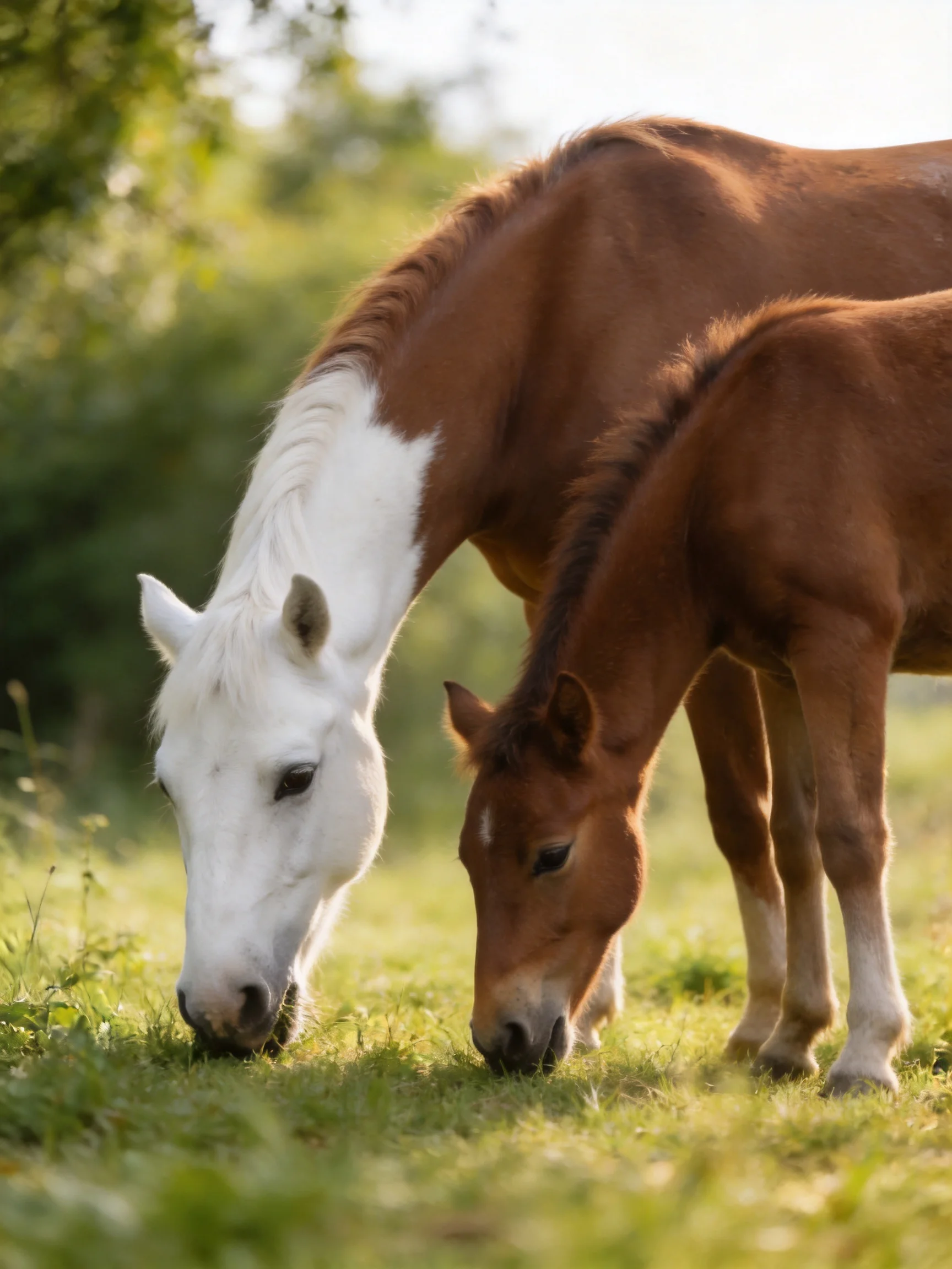 A white - b brown horse and a brown foal graze in a sunlit meadow