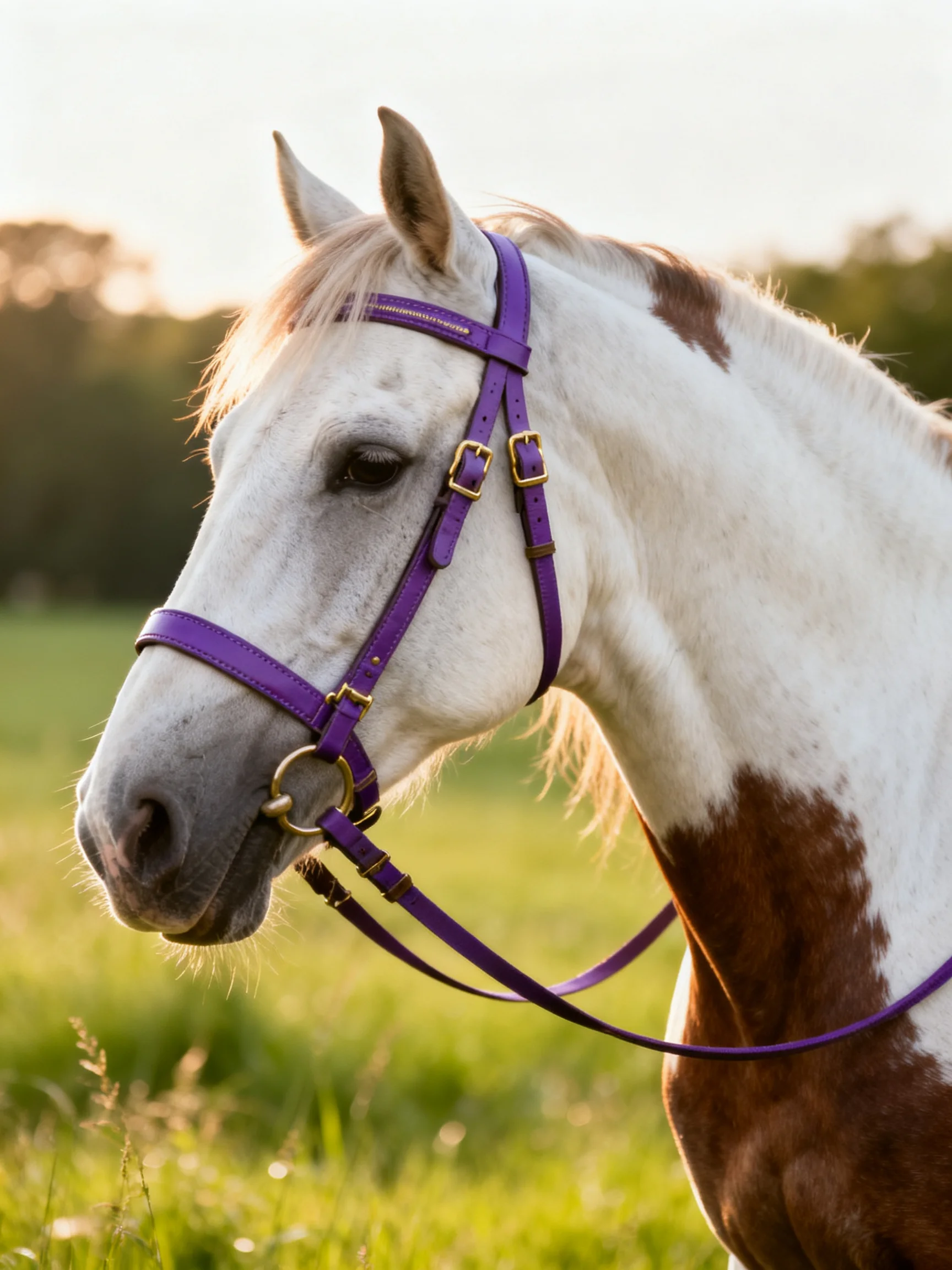 A white and brown horse with purple bridle in a sunlit field