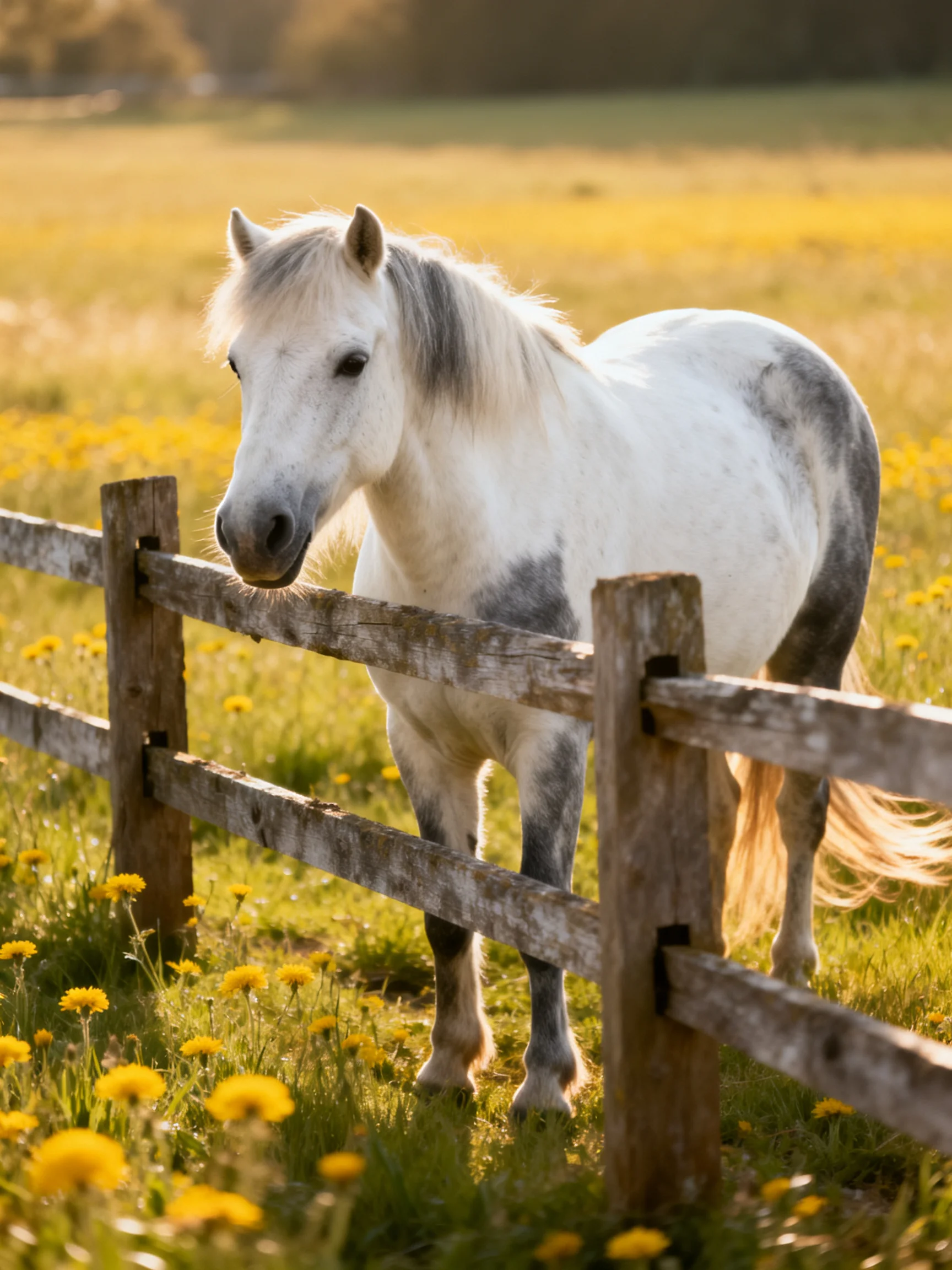 A white and gray horse near a weathered wooden fence in a field of yellow flowers