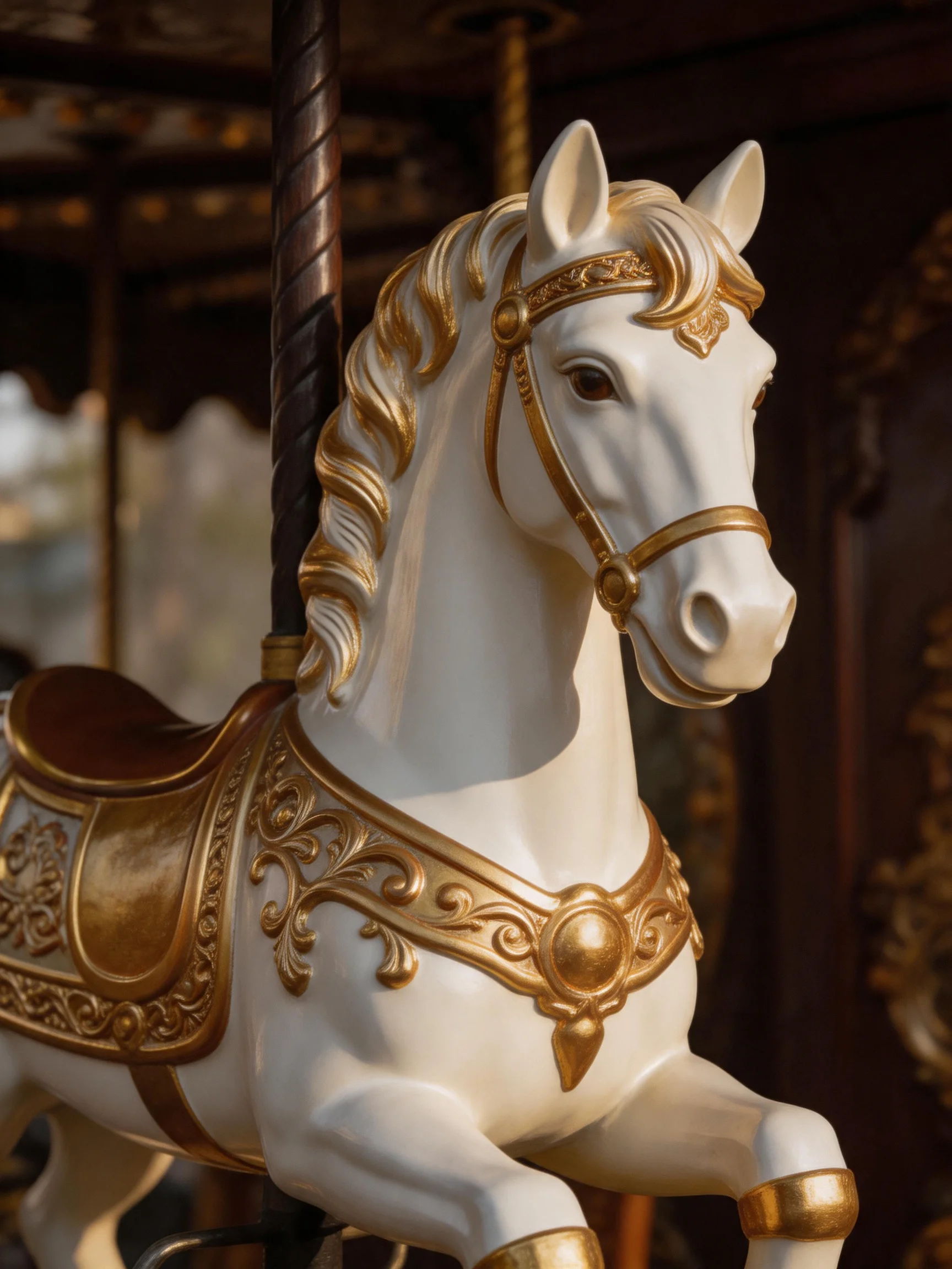 A white carousel horse adorned with elaborate gold decorations